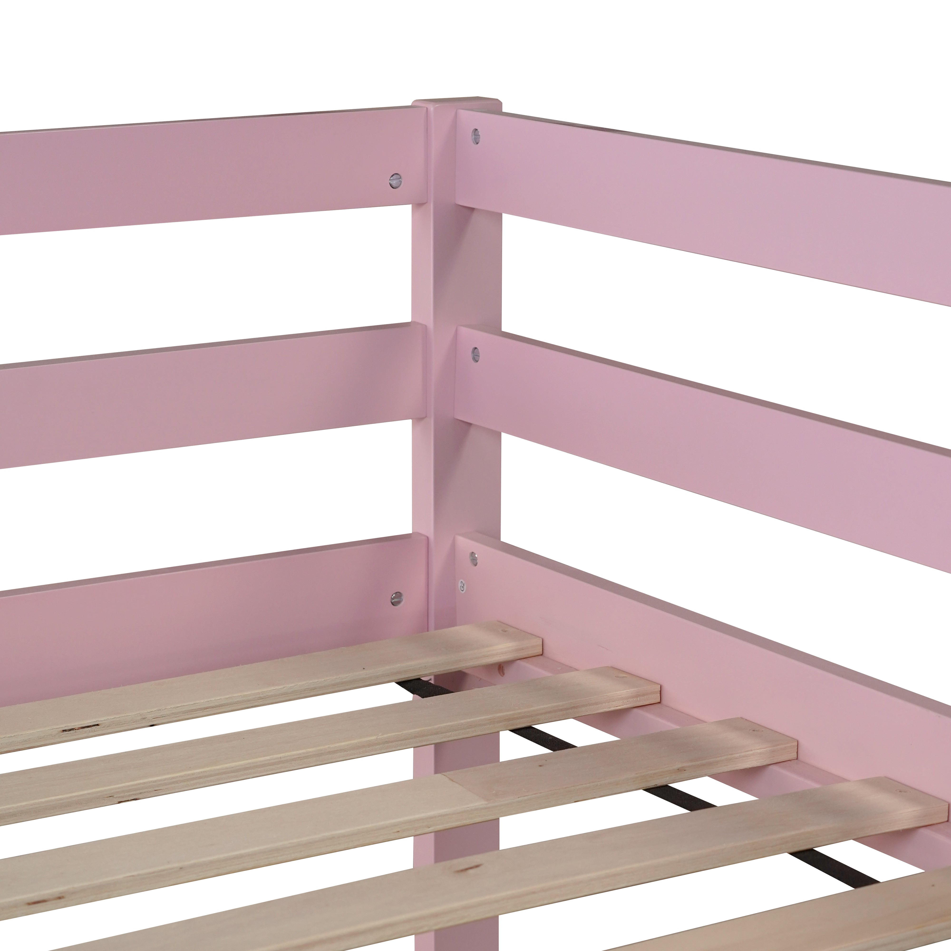 Pink twin over twin solid wood floor bunk bed, front view