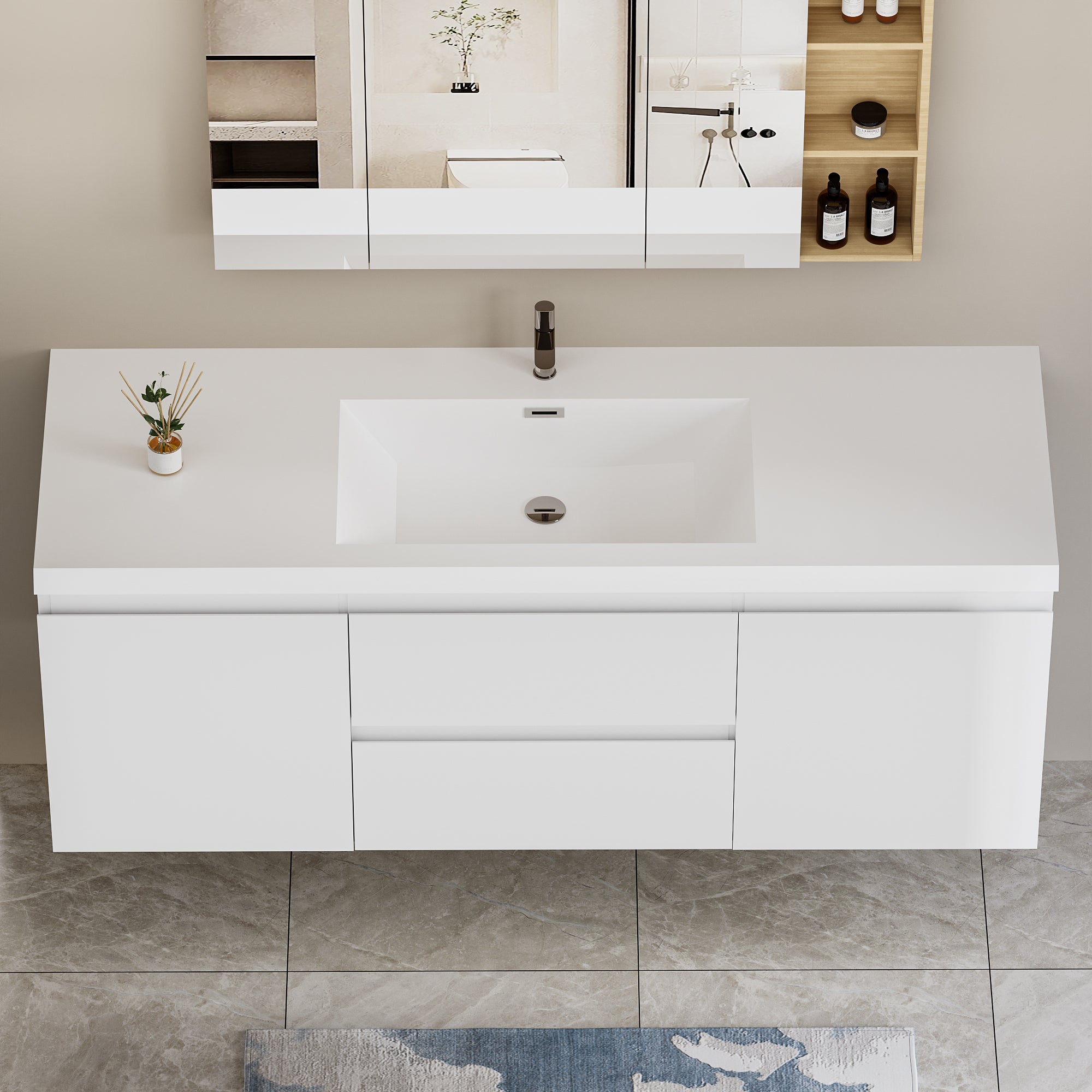 60" Floating Bathroom Vanity with Sink, Modern Wall-Mounted Bathroom Storage Vanity Cabinet with Resin Top Basin and Soft Close Drawers, Glossy White 24V11-60SGW