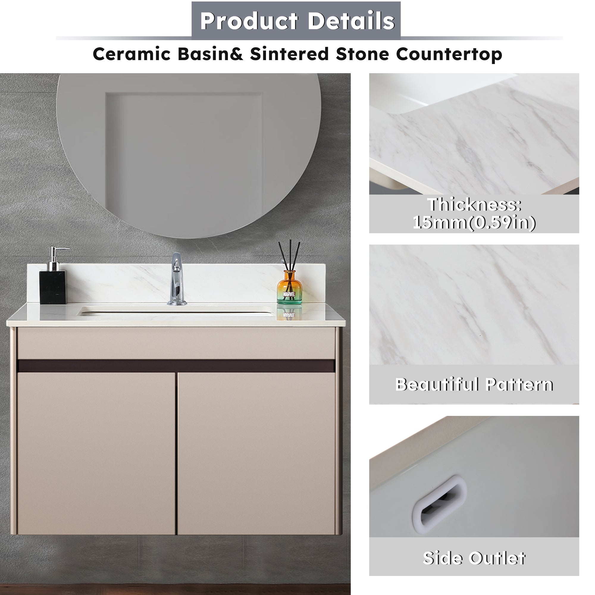 31 Inch Marble Vanity Top, White Vanity Top with Pre-drilled Faucet Holes, Bathroom Vanity Top with Undermount Rectangular Middle Sink and 4" Height Backsplash,  Bianco Carrara Venato