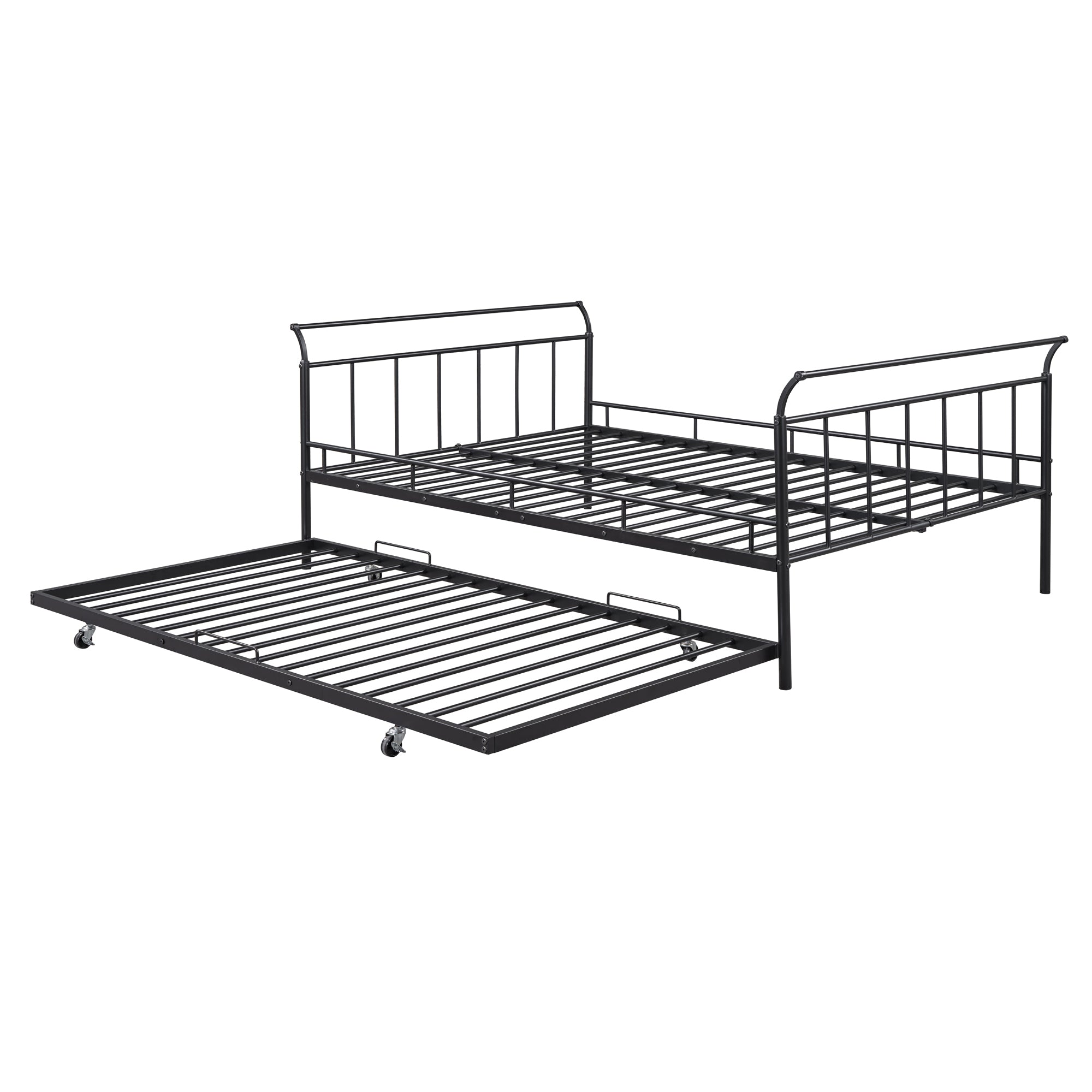 Full Size Metal Daybed with Curved Handle Design and Twin Size Trundle, Black