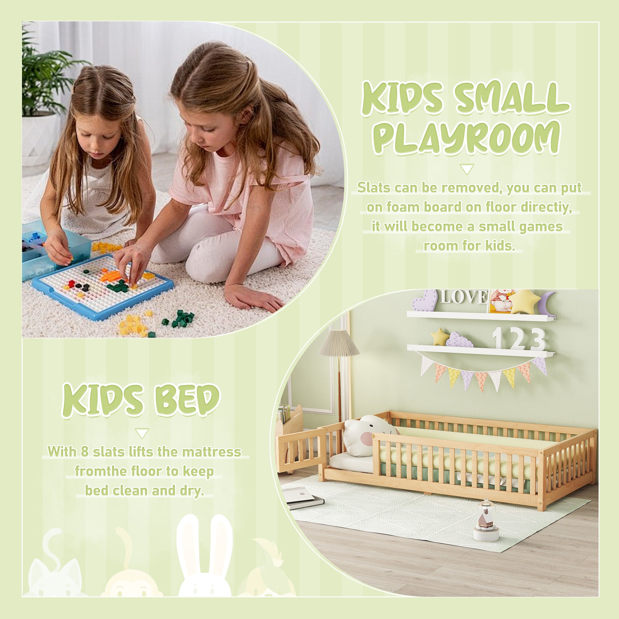 Twin Size Bed Floor Bed with Safety Guardrails and Door for Kids, Natural(Old SKU: W158090686)