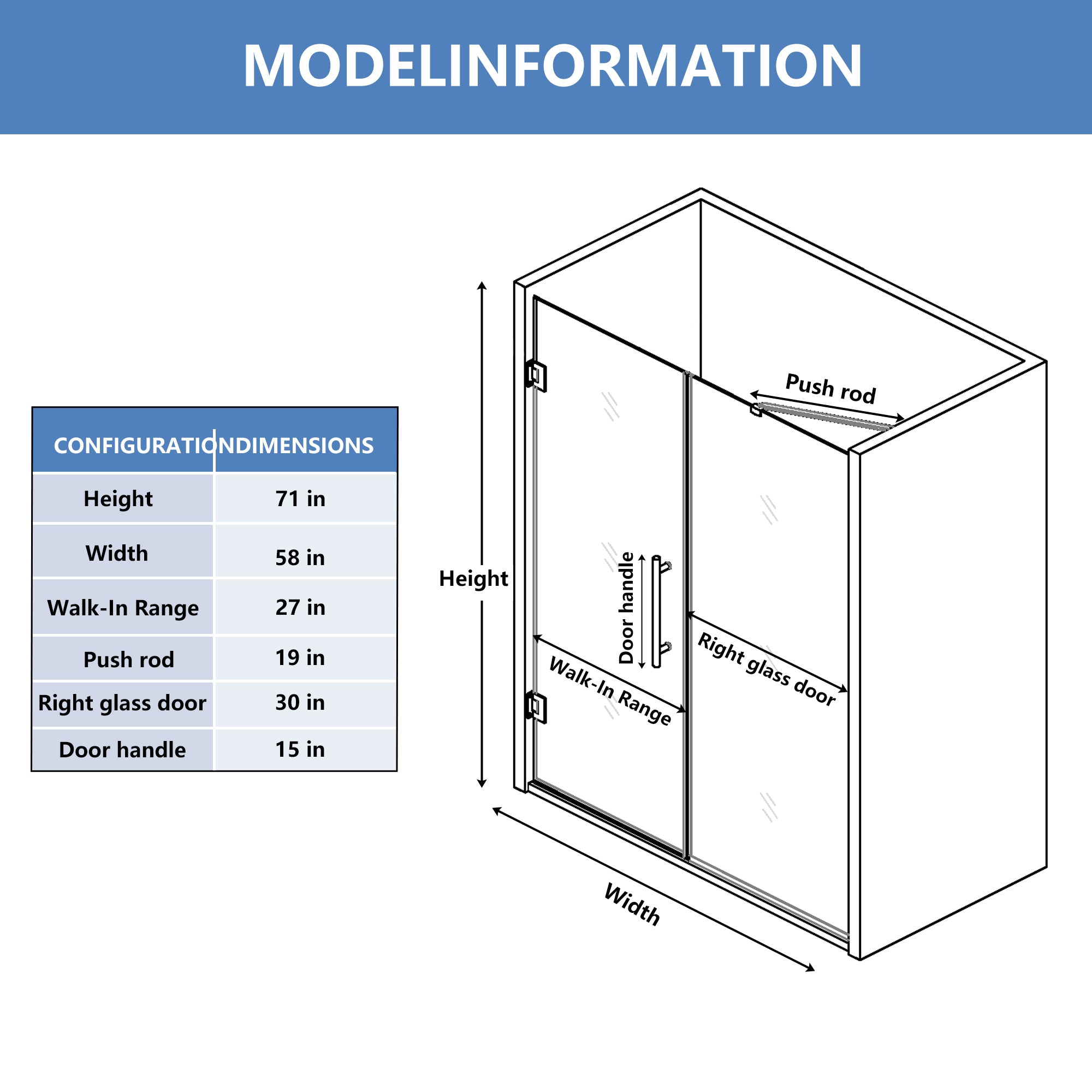 58-58"W x 71"H Semi-Frameless Double Hinges Shower Door in Matte Black,Tempered Glass,Reversible Installation