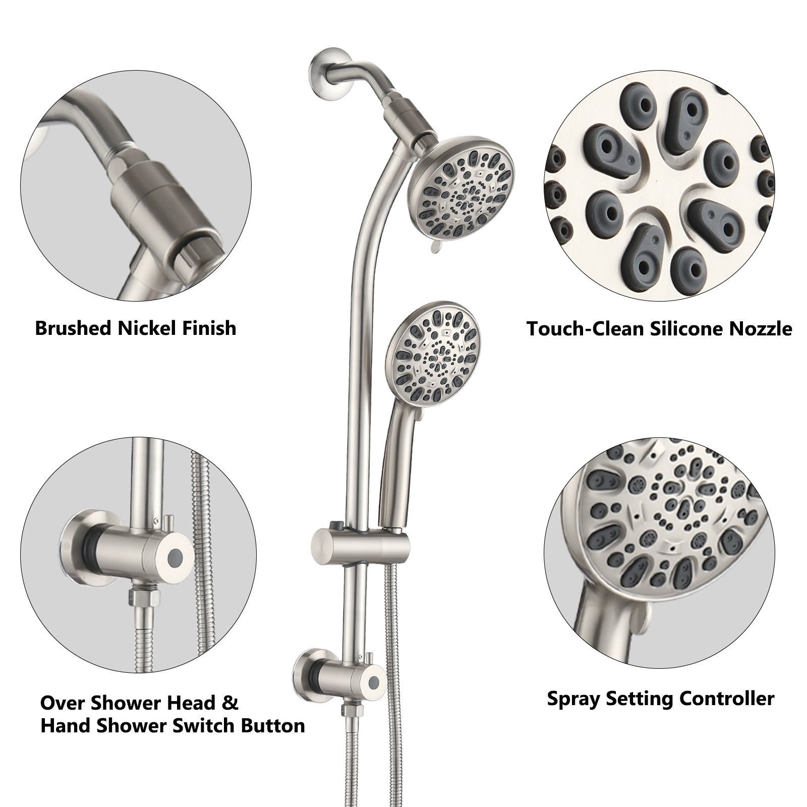 Drill-Free Stainless Steel Slide Bar Combo Rain Showerhead 7-Setting Hand, Dual Shower Head Spa System (Rough-in Valve Included)