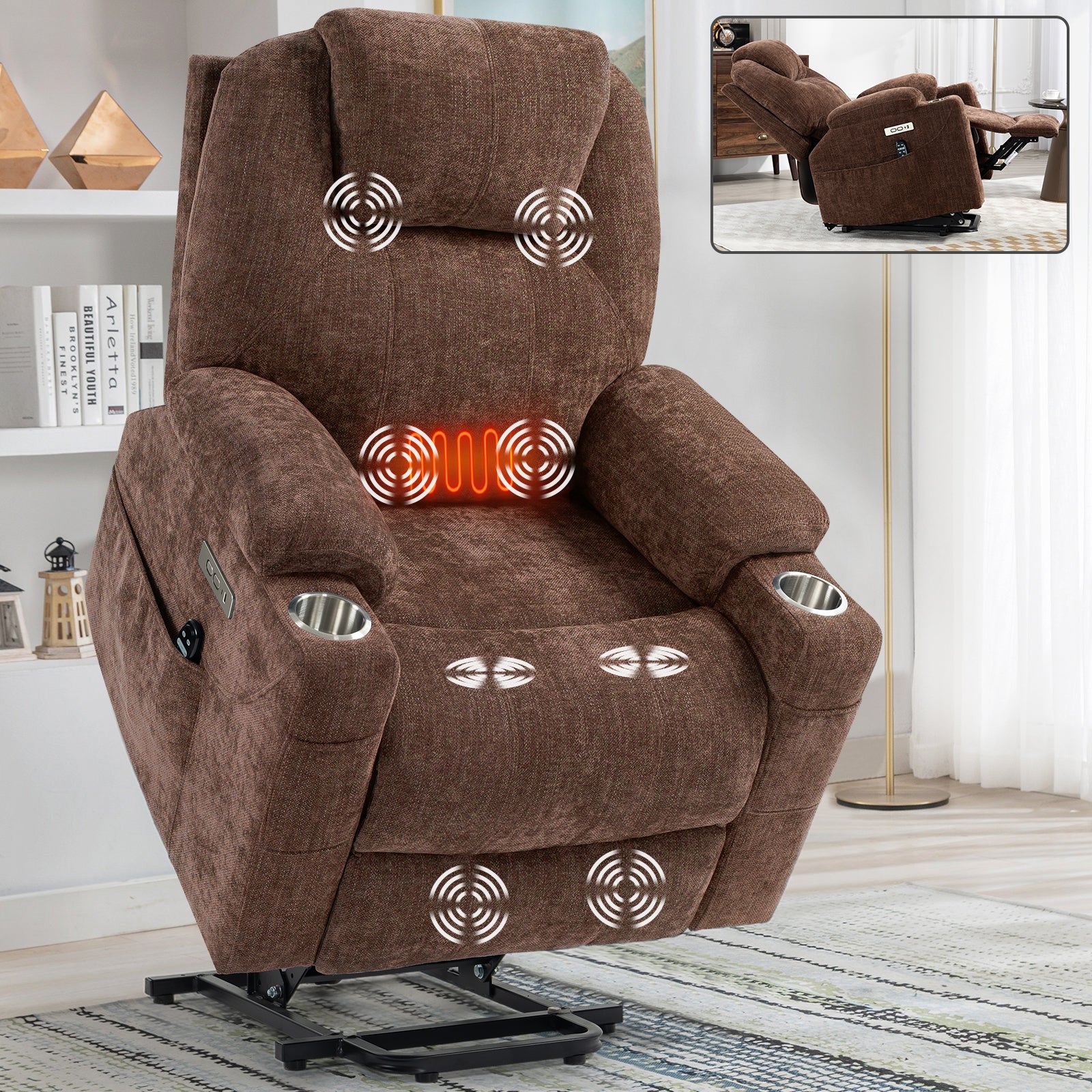 Up to 350 LBS Chenille Power Lift Recliner Chair, Heavy Duty Motion Mechanism with 8-Point Vibration Massage and Lumbar Heating, USB and Type-C Ports, Stainless Steel Cup Holders, Brown