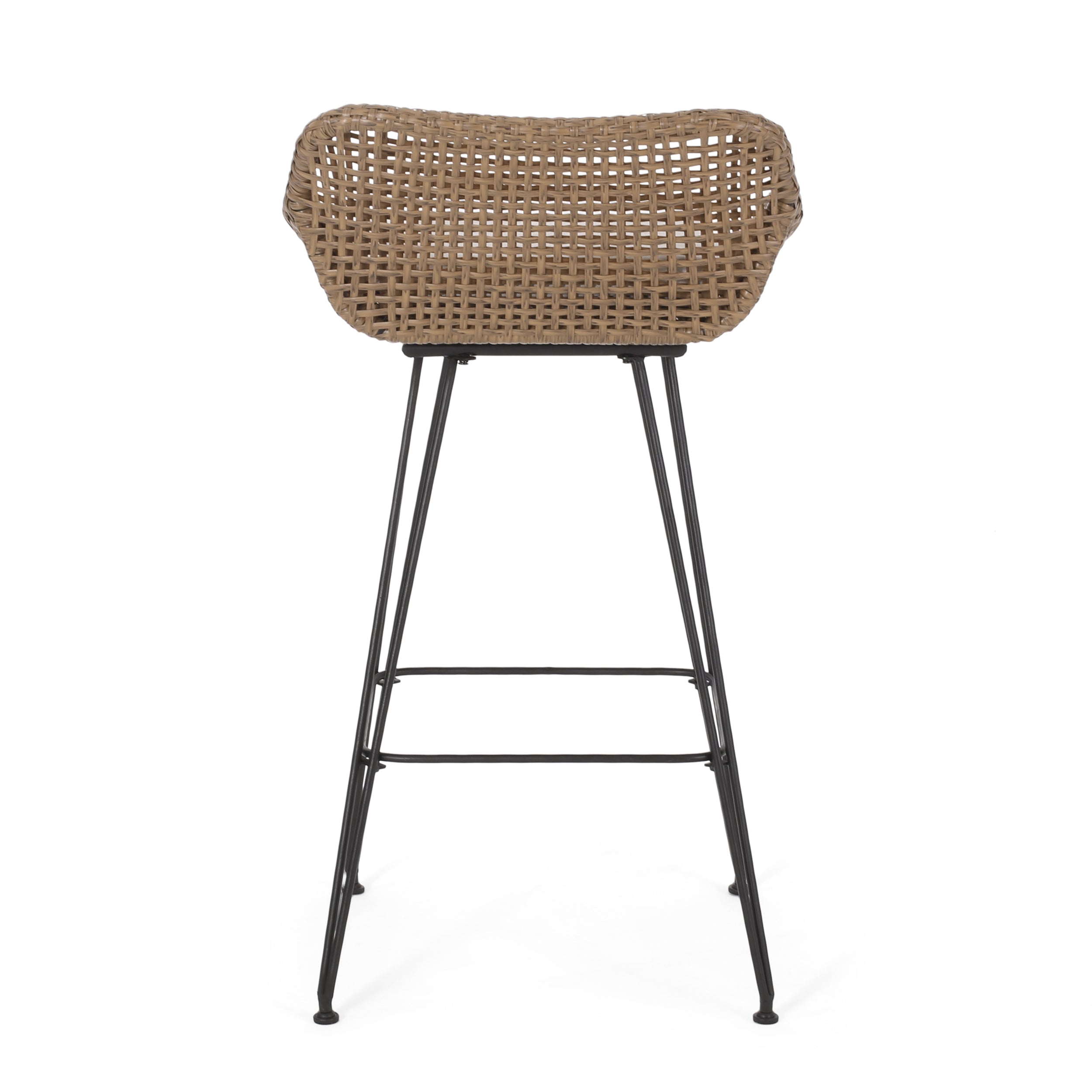 29.25" Outdoor Wicker and Iron Low Back Barstools, Light Brown, with Beige Cushion (Set of 2)