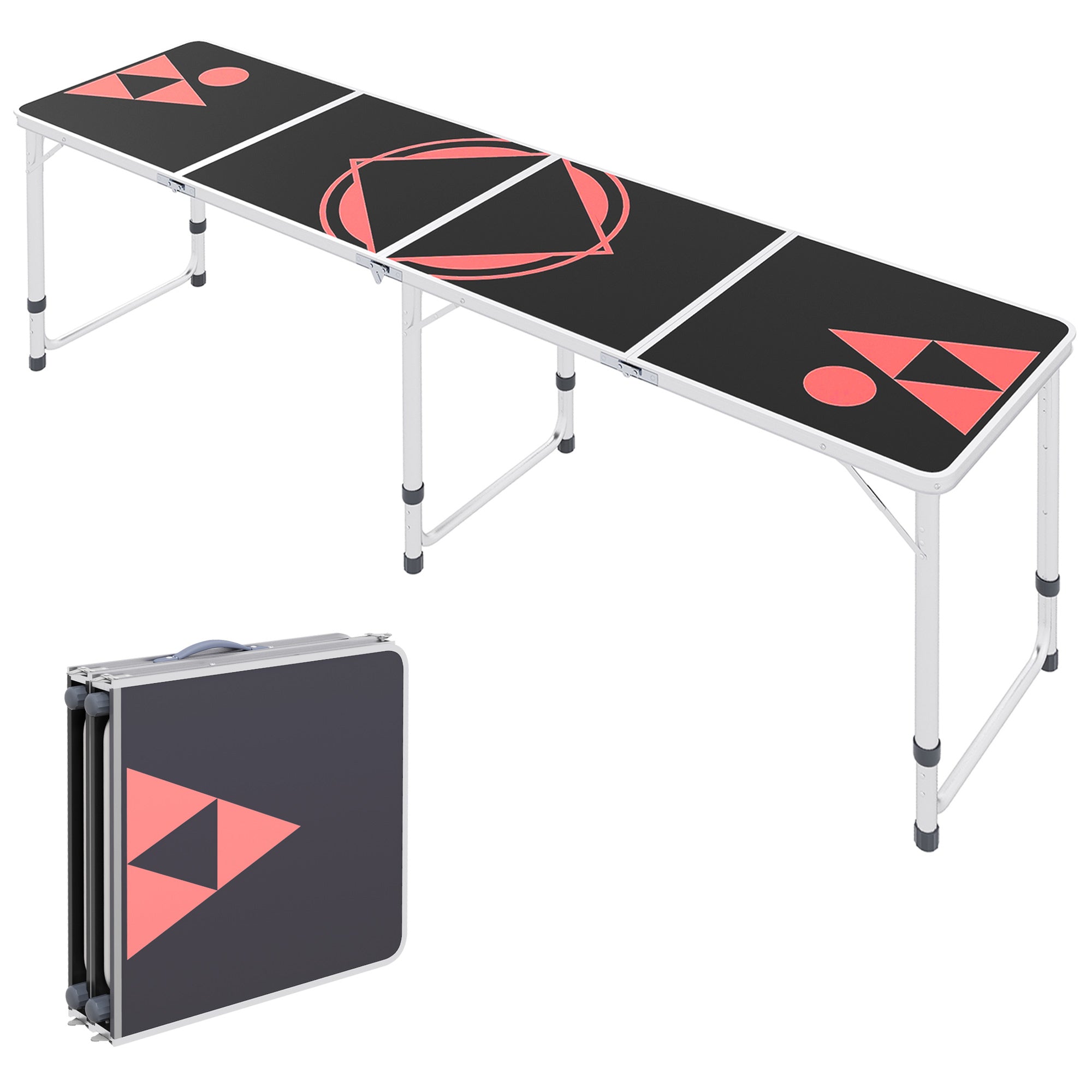 Outsunny 8ft Portable Beer Pong Table with Adjustable Legs, Folding Camping Table, Aluminum Picnic Table, for Party, Travel, BBQ, Beach, Black and Red