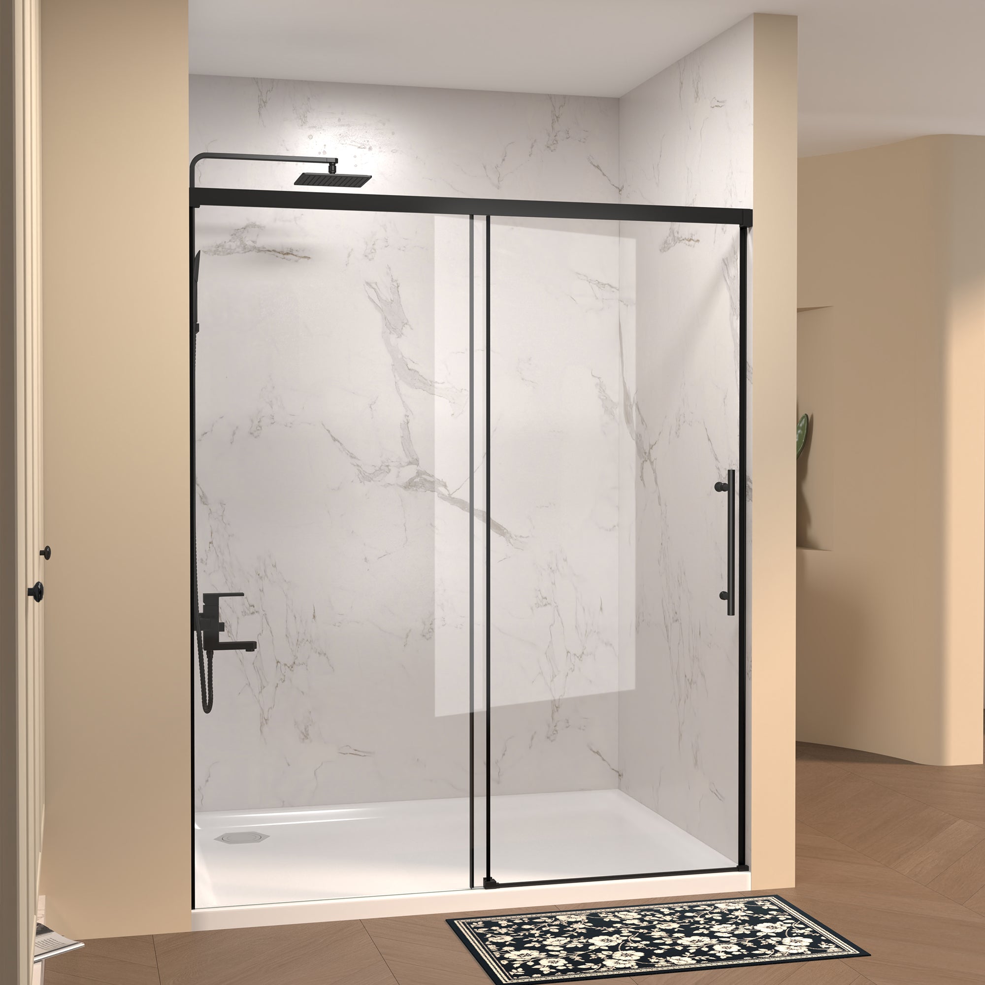 Frameless sliding shower door 60" W x 72" H matte black angled view