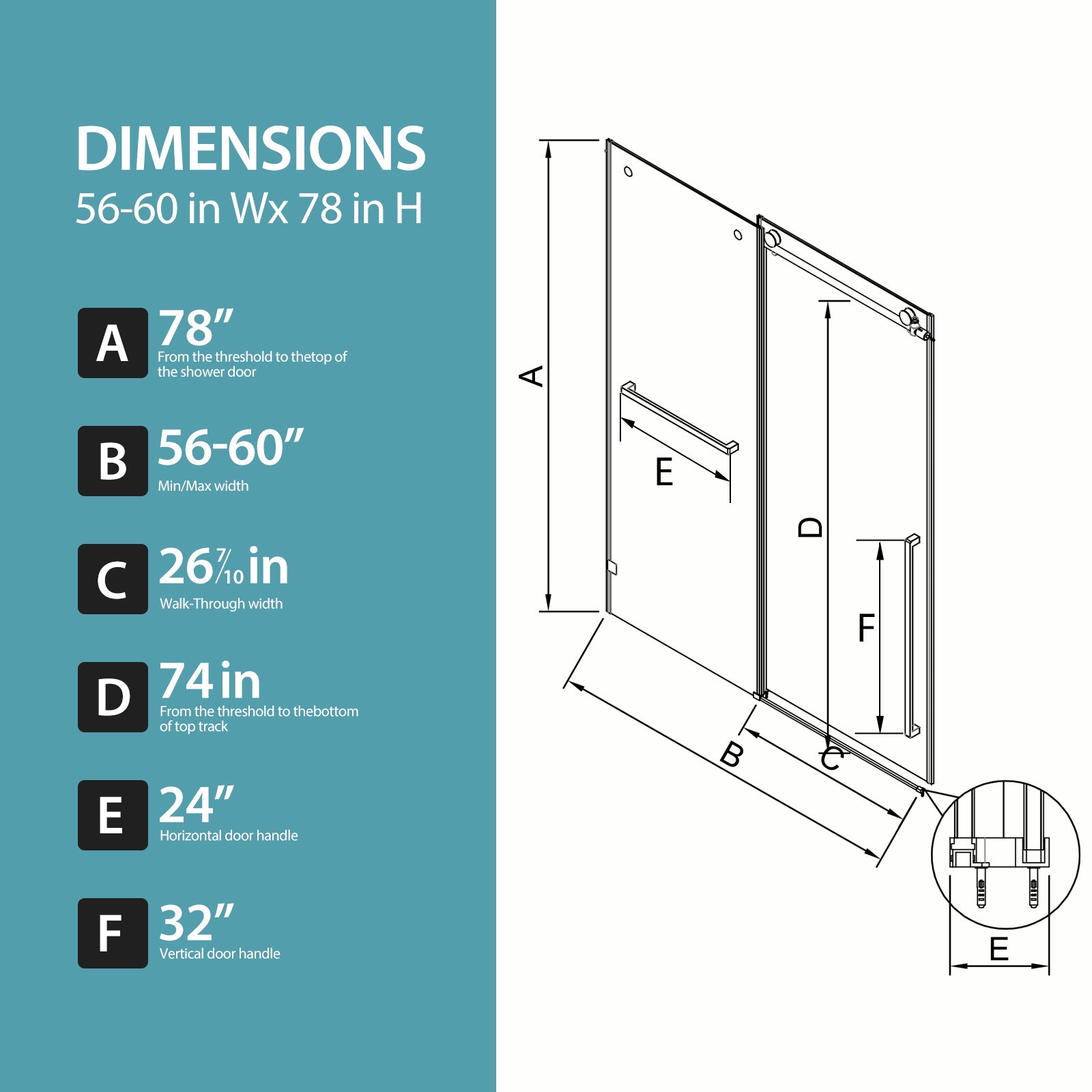 56-60 x 78 in Frameless Single Sliding Shower Door - 56-60 x 78 in / Matte Black view 3