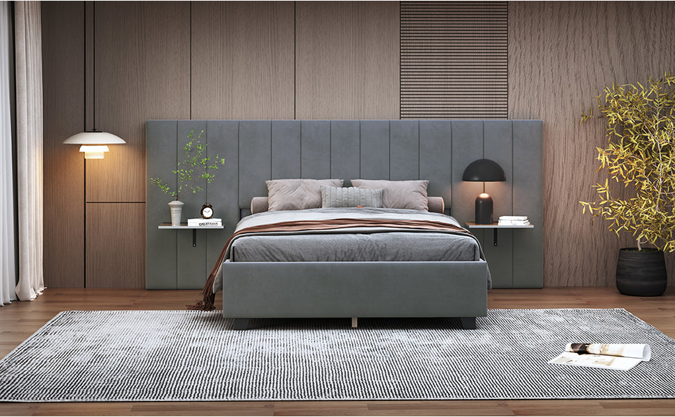 Full Size Upholstered Platform Bed with Big Headboard, Bedroom Furniture, Velvet, Gray