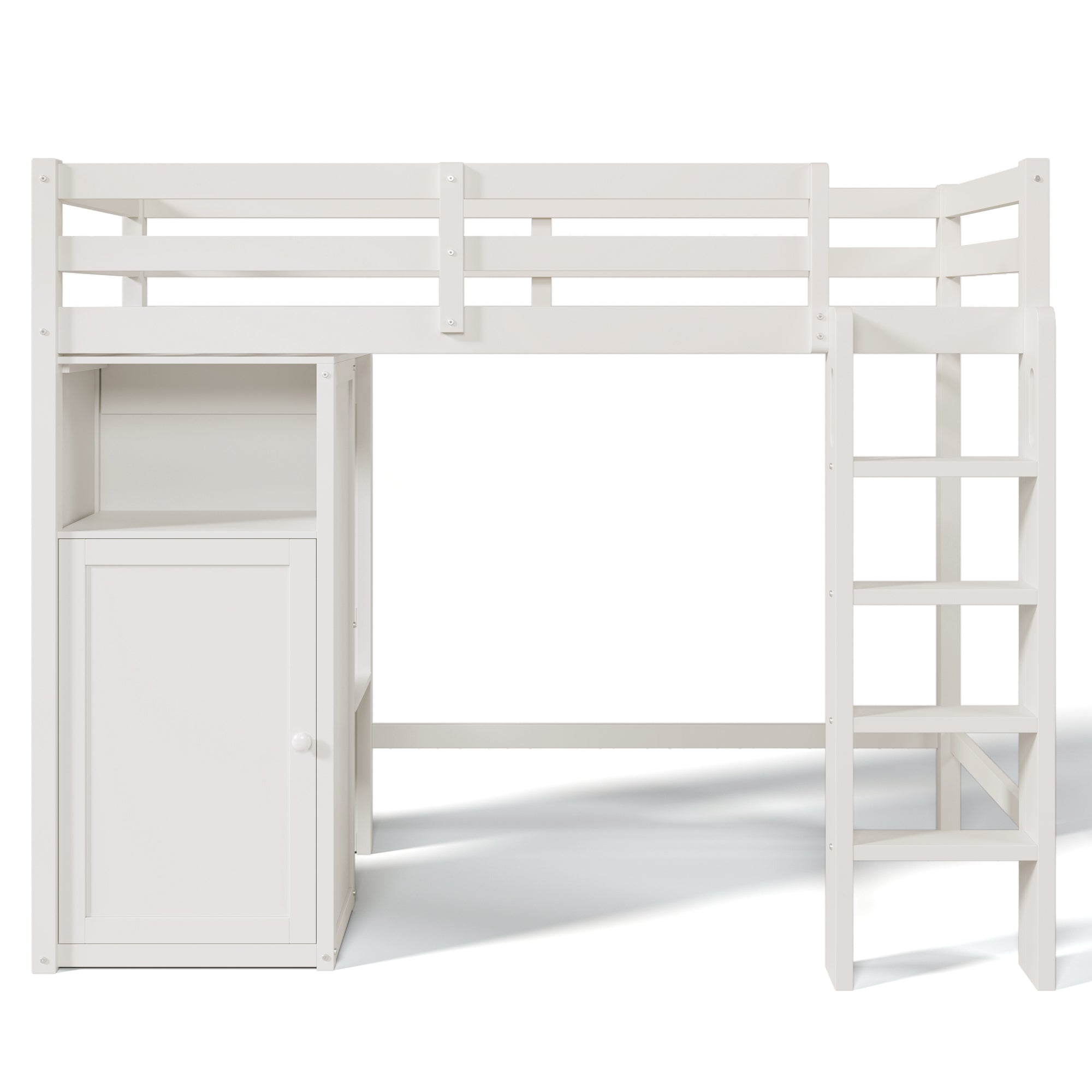 Twin Loft Bed with Wardrobe, Storage Shelves and Ladder, White