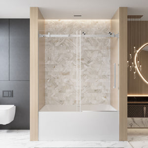56-60 x 60 in Frameless Single Sliding Square-Tube Tub Door - 56-60 x 60 in / Brushed Nickel / Square Tube view 1