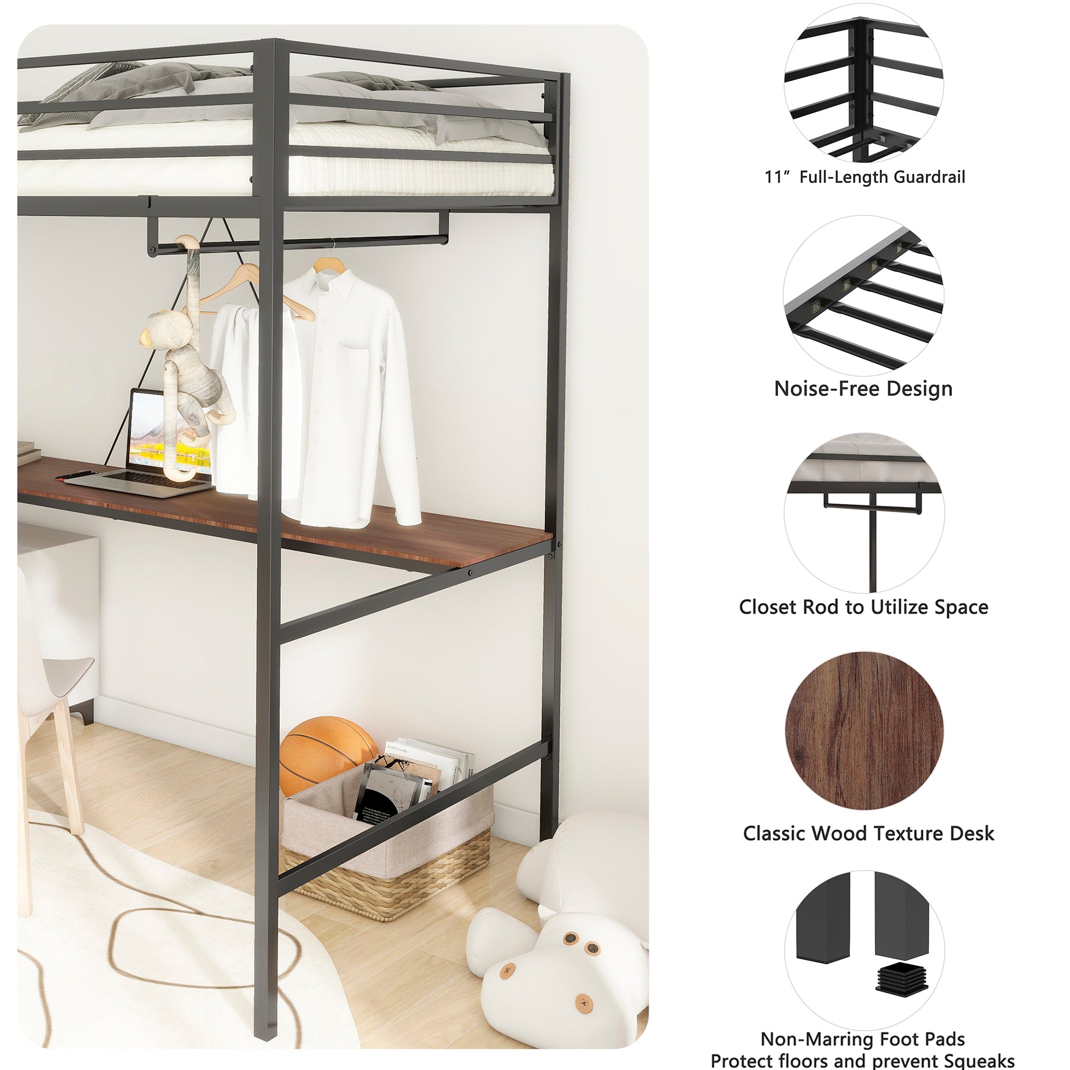 Adam Sturdy Twin Loft Bunk Black with Cinnamon Wood Desk and Closet Rod for Adult and Kids, and Easy Climbing with Sturdy Ladder, Space Saving