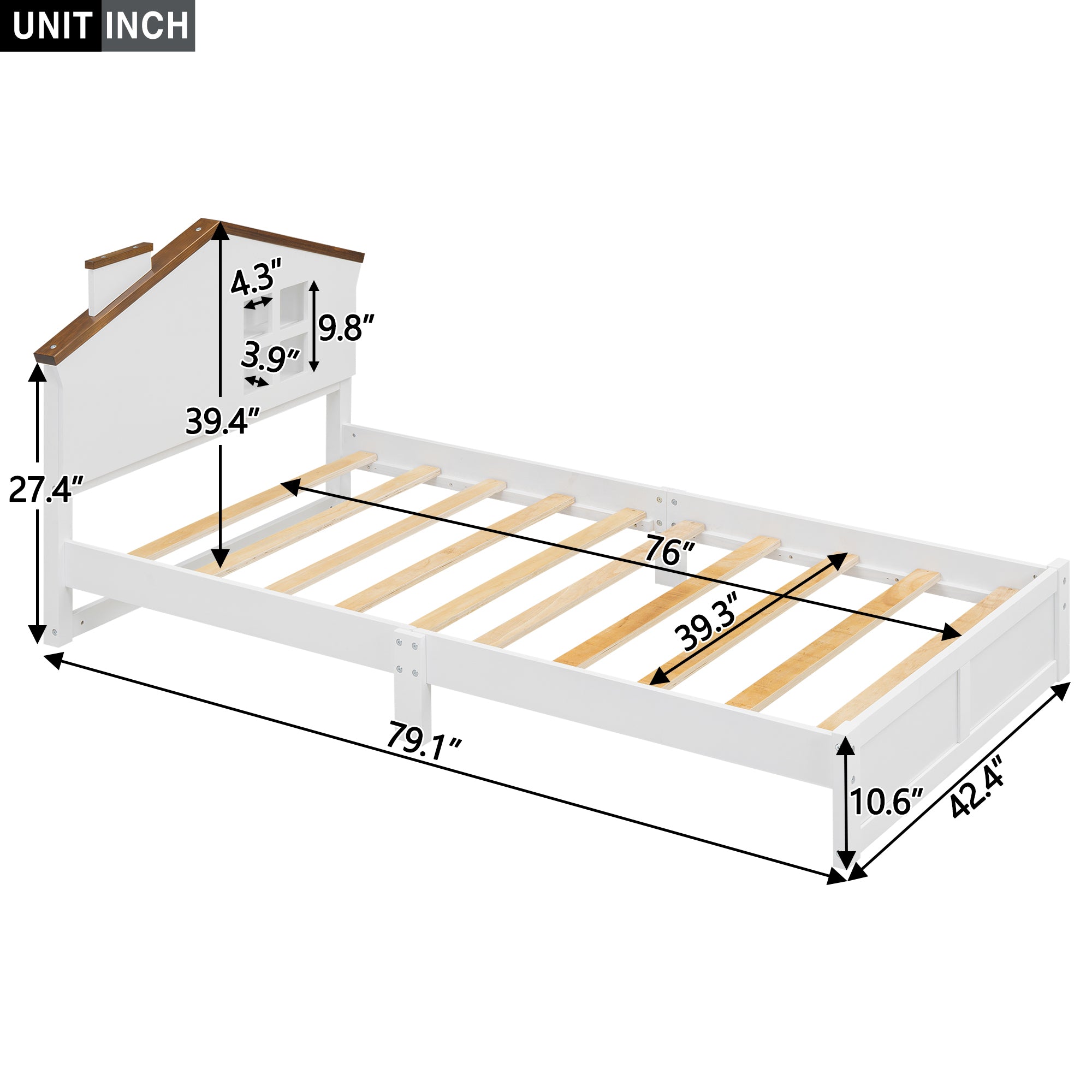 Twin Size Wood Platform Bed with House-shaped Headboard and Built-in LED, Walnut+White