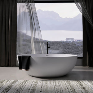 67 inch freestanding solid surface soaking bathtub, white, front view