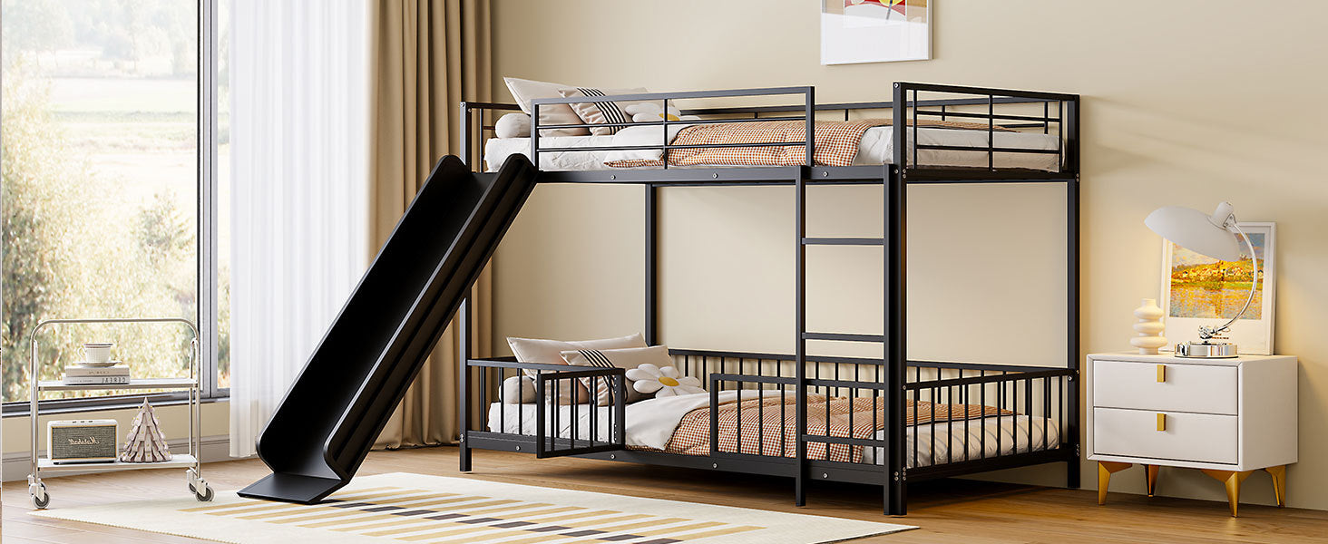 Twin over Twin Size Metal Bunk Bed with Slide and Guardrails, Black