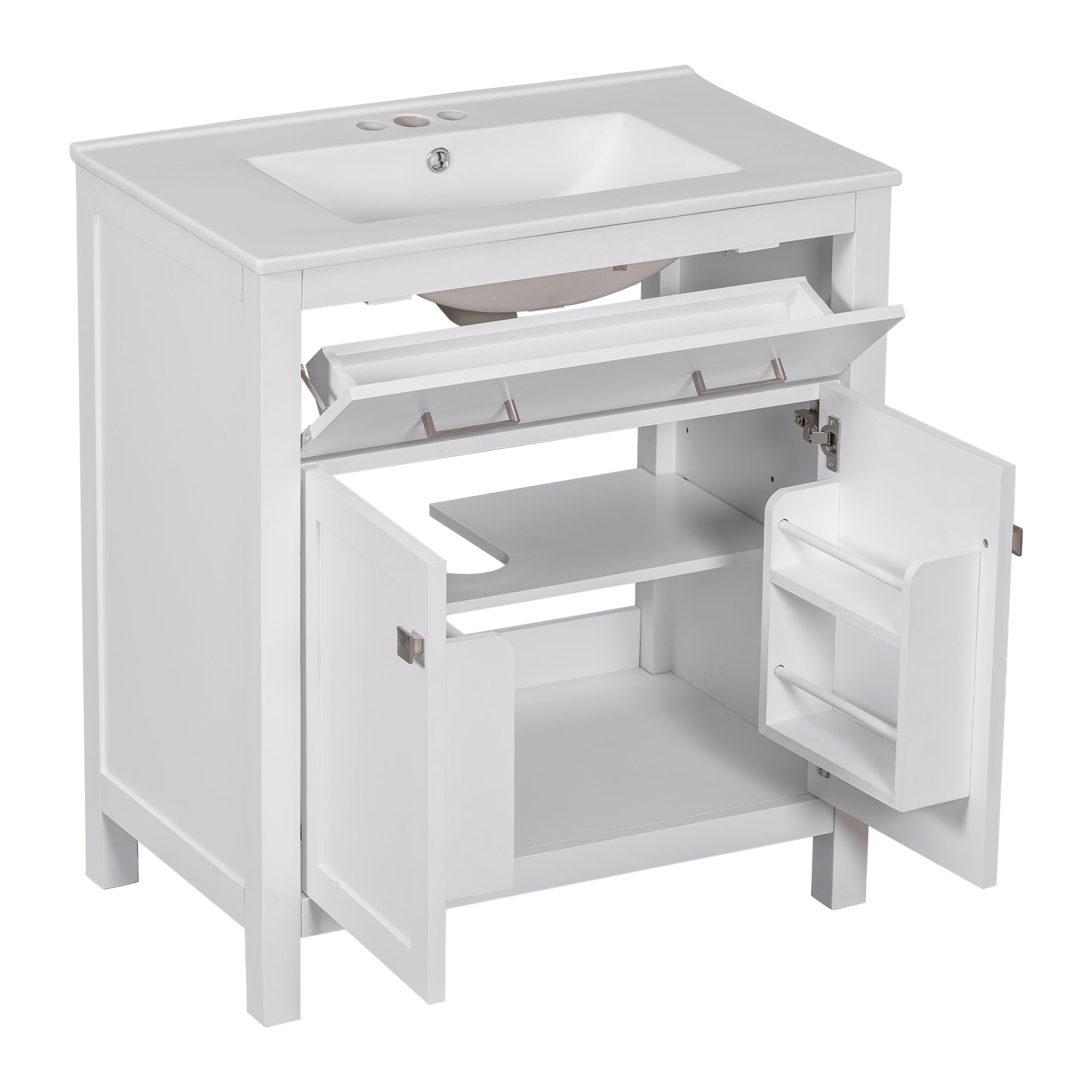 30-inch Bathroom Vanity with Ceramic Sink, Modern White Single Bathroom Cabinet with 2 Doors and a Shelf, Soft Close Doors