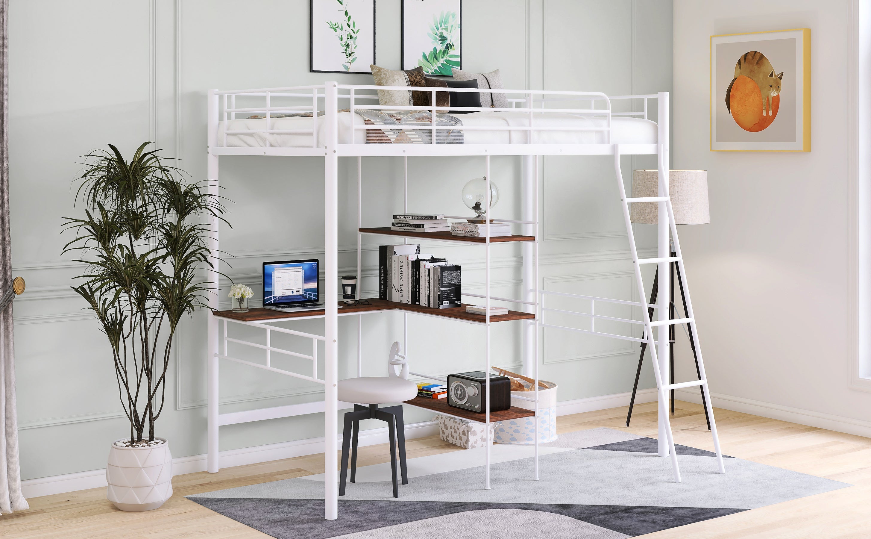 Twin Size Metal Loft Bed and Built-in Desk and Shelves,White(OLD SKU:WF280270AAK)