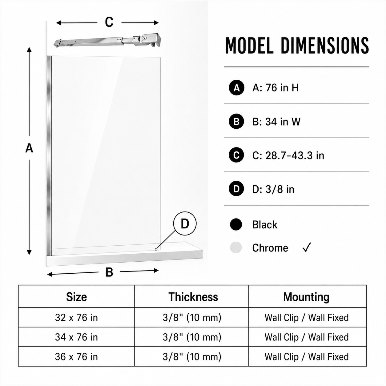 34 x 76 in Frameless Fixed Shower Glass Panel - Wall Clamp Chrome view 3