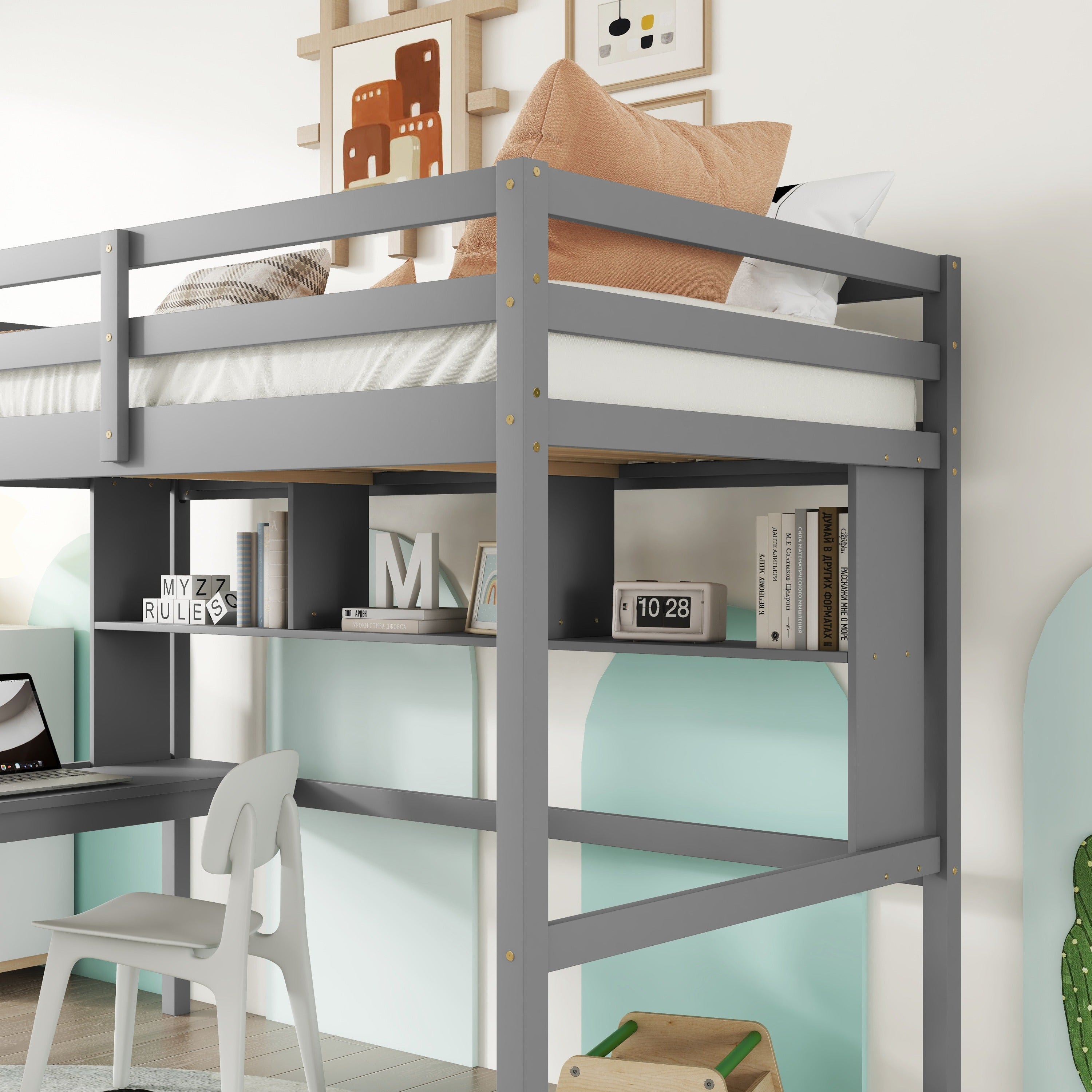 Twin Size Loft Bed with desk and shelves, Safety Guardrail and ladder,Grey