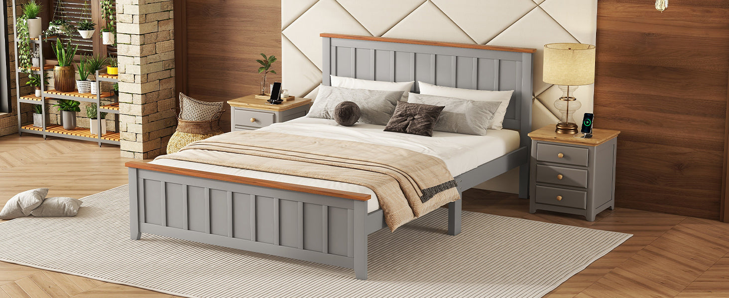 Queen Size Wood Platform Bed Wooden Slat Support, Vintage Simple Bed Frame with Rectangular Headboard and Footboard, Grey