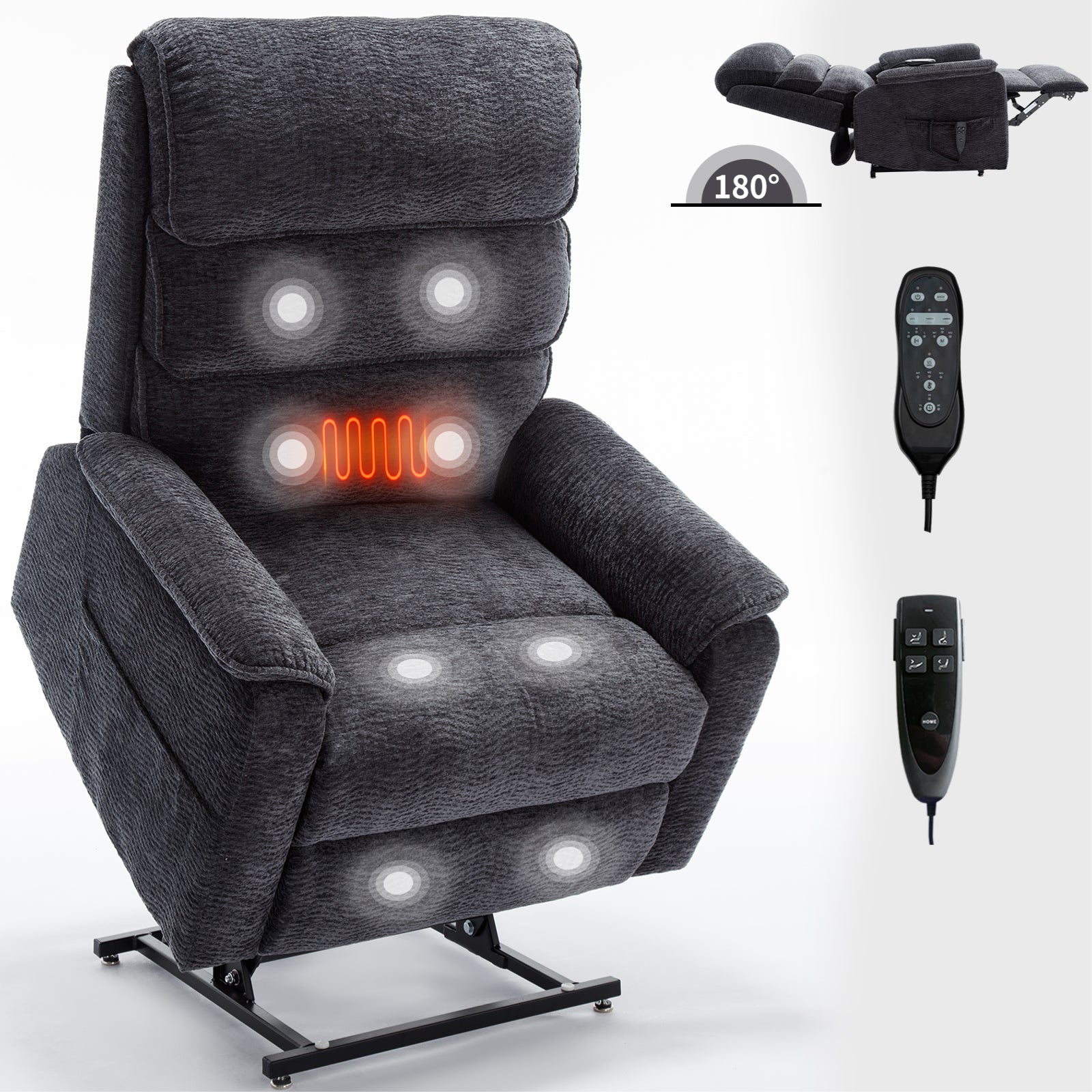 Grey Chenille Dual Motor Infinite Position Up to 350 LBS Power Lift Recliner Chair with Power-Remote, Heat Massage and Heavy Duty Motion Mechanism