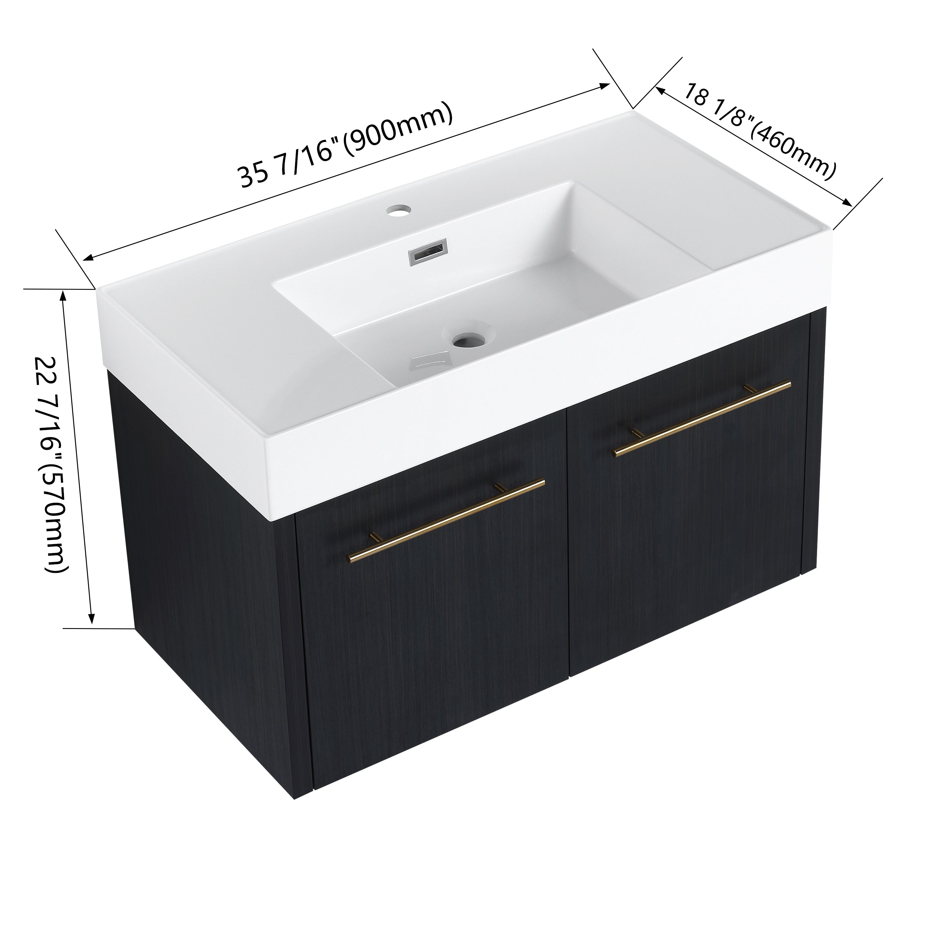 36 Inch Wall-Mounted Bathroom Vanity with Sink, Thick Edged Resin Basin, KD-Package