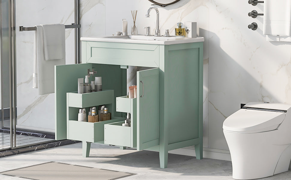 30" Bathroom Vanity with Sink, Multi-functional Bathroom Cabinet with Doors and Drawers, Solid Frame and MDF Board, Green