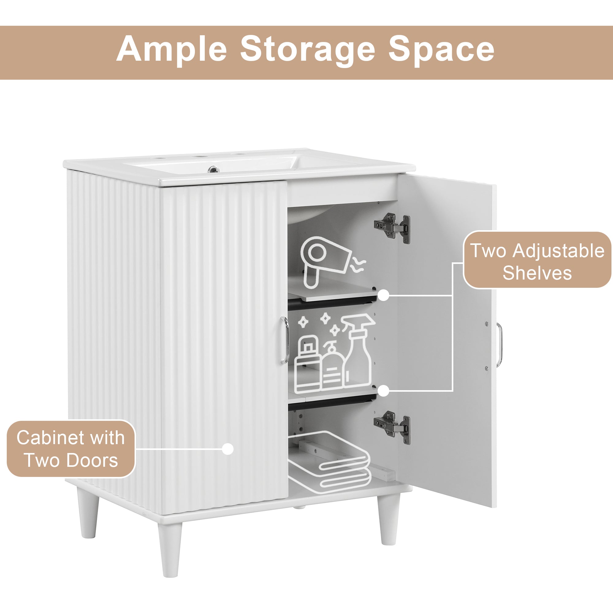 24" Bathroom Vanity with Sink, Bathroom Vanity Cabinet with Two Doors, Adjustable Shelves, Solid Wood and MDF, White