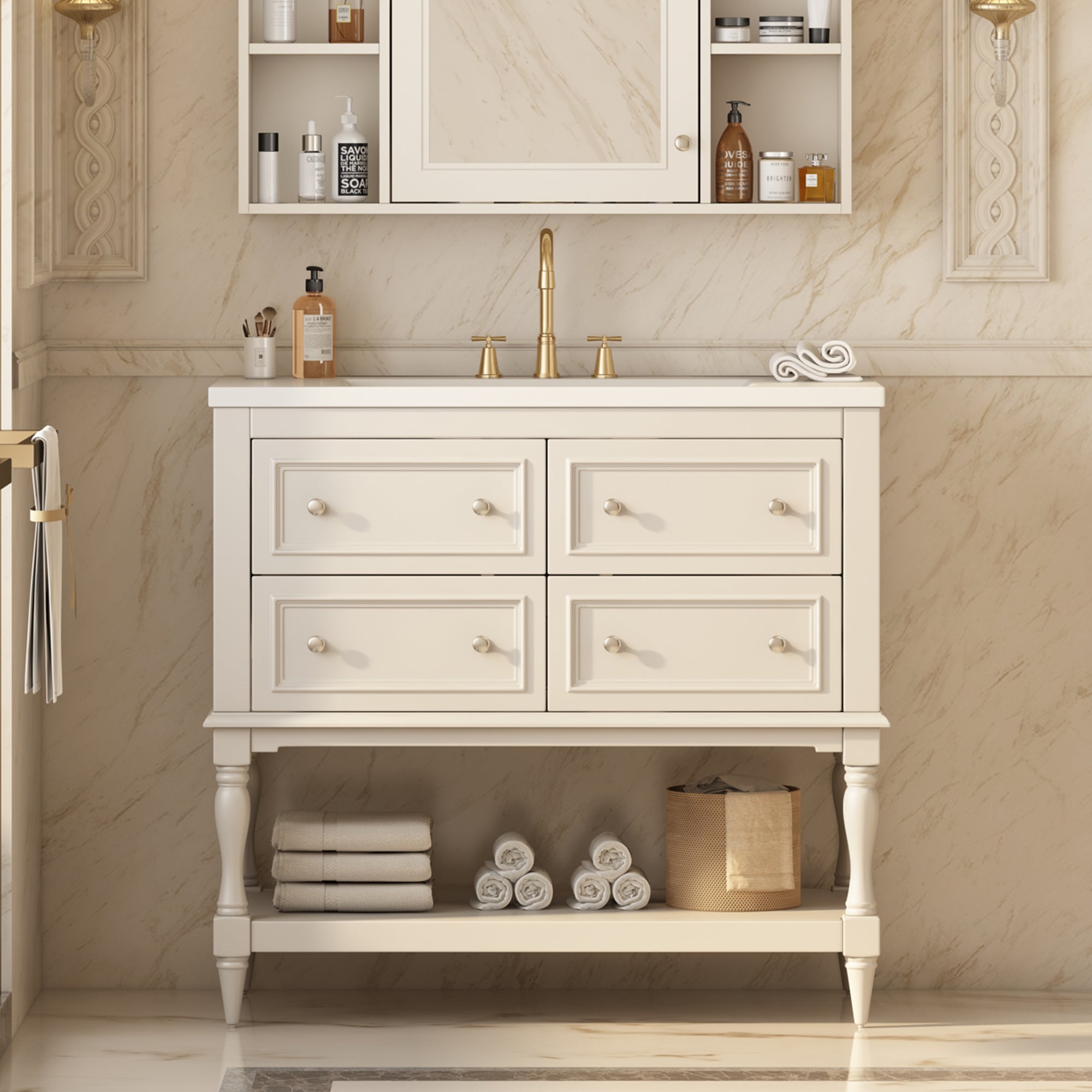 36 inch beige bathroom vanity undermount ceramic sink, top view