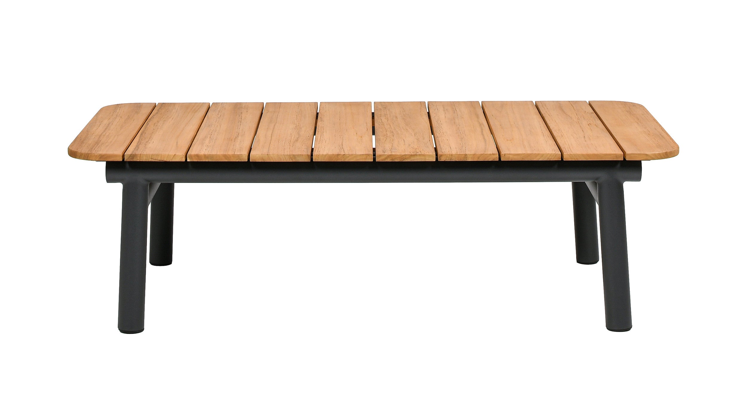 Zara 47" Dowel Frame Patio Coffee Table with Teak Top, Black & Natural Aluminum & Teak