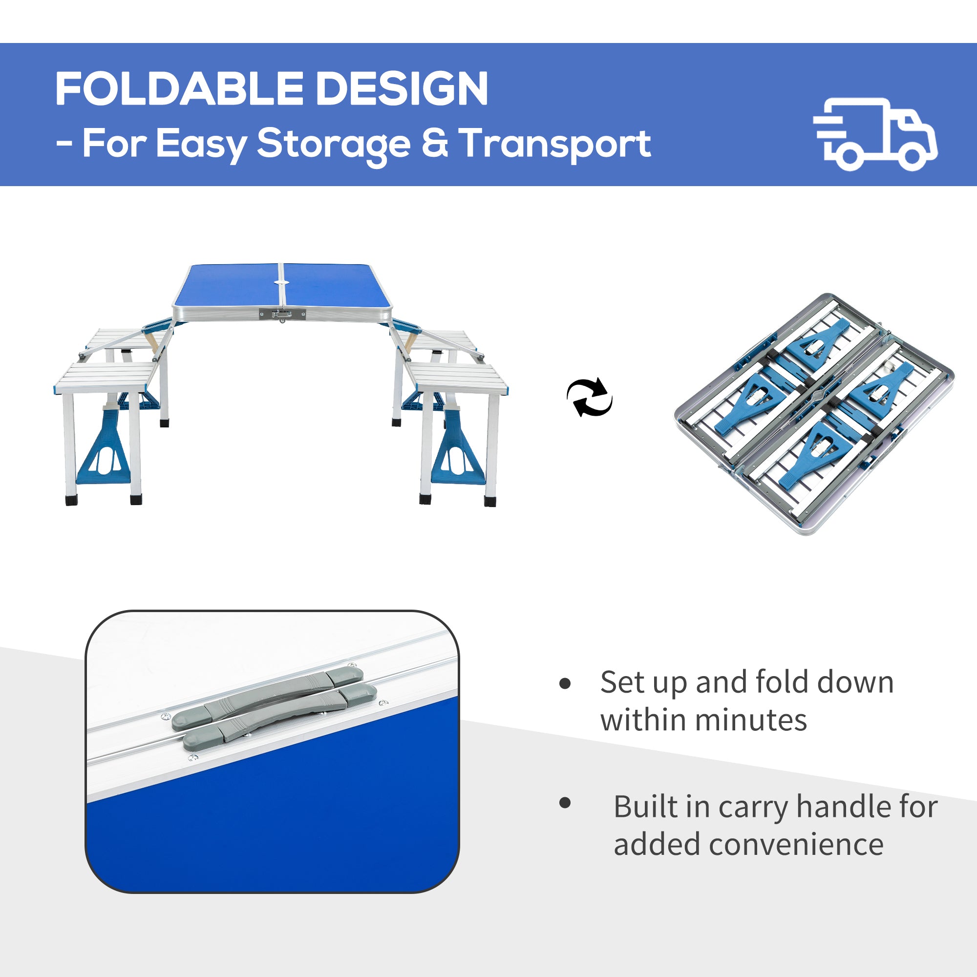 Outsunny Folding Picnic Table with Umbrella Hole, Aluminum Suitcase Portable Outdoor Table with Bench, Patio, Porch or Camping Table and Chair Set, Ocean Blue