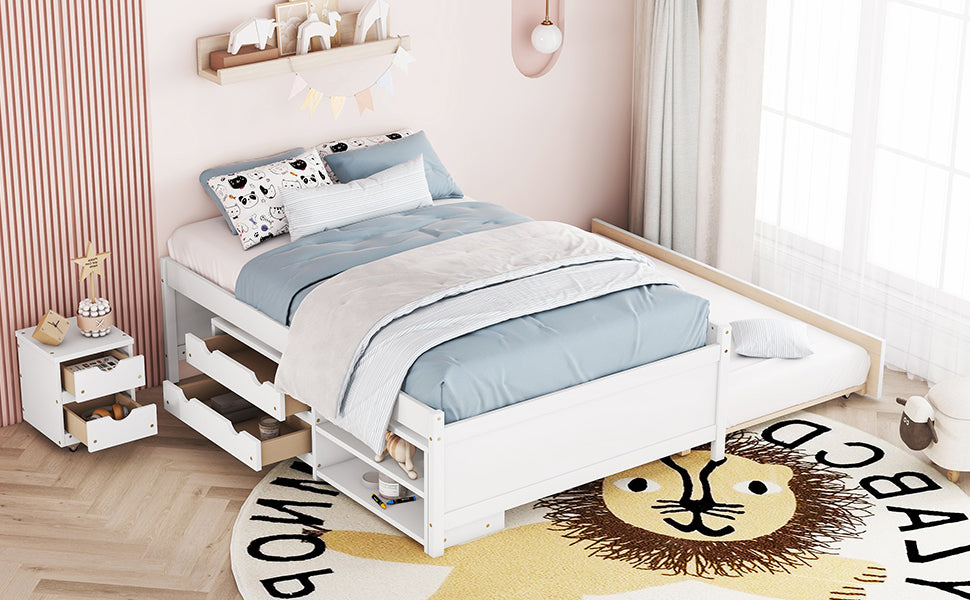 Full Size Storage Bed , Solid Wood Bed with Trundle, Under bed Storage Box of 2 Drawers, Shelves, and Nightstand ,White