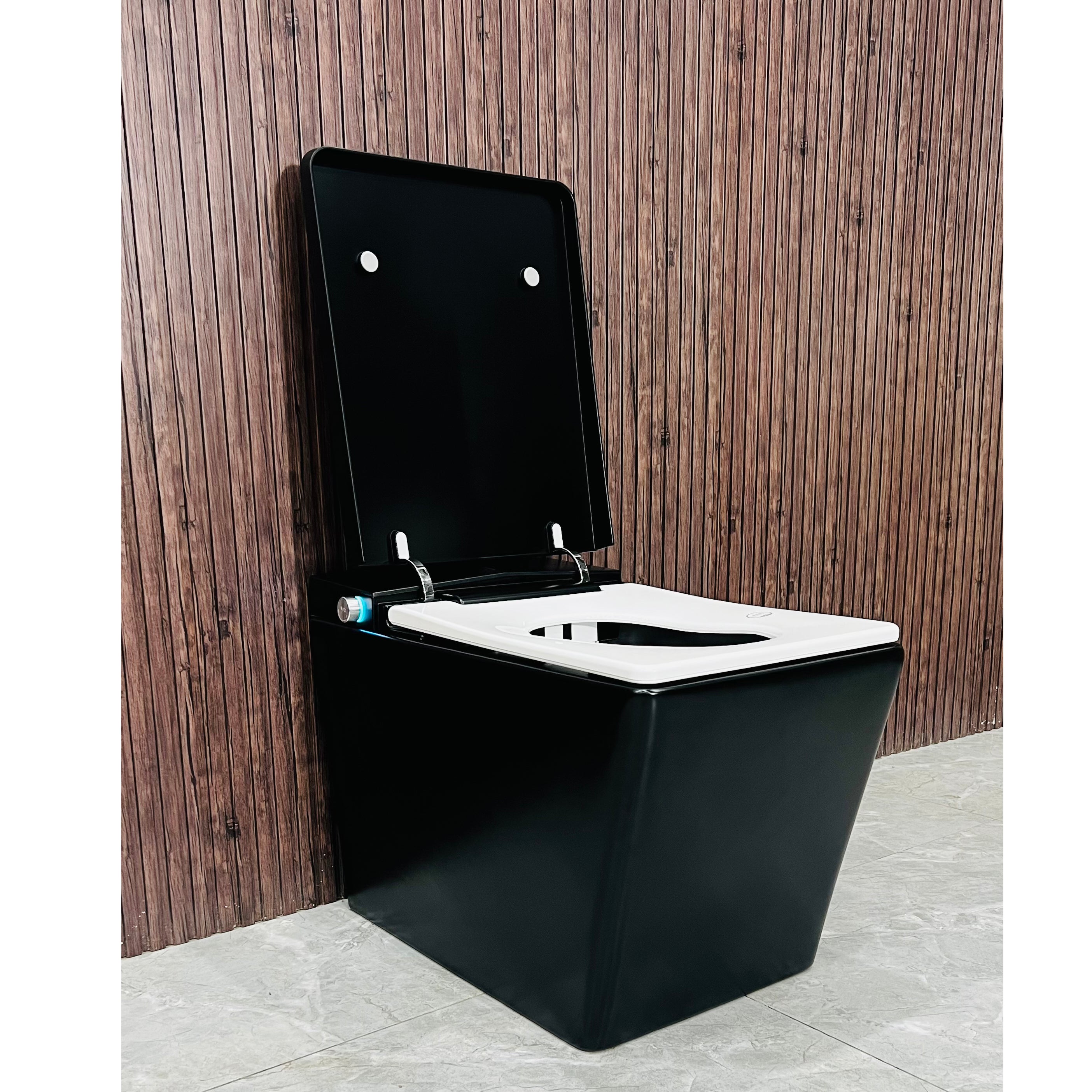 Black Square Smart Toilet with Built-in Tank for Bathroom, Remote Control, Tankless Bidet Toilet with Foot Touching Lid Opening, Auto Flush, Heated Seat, LED Digital Display, User Memory, Matte Black