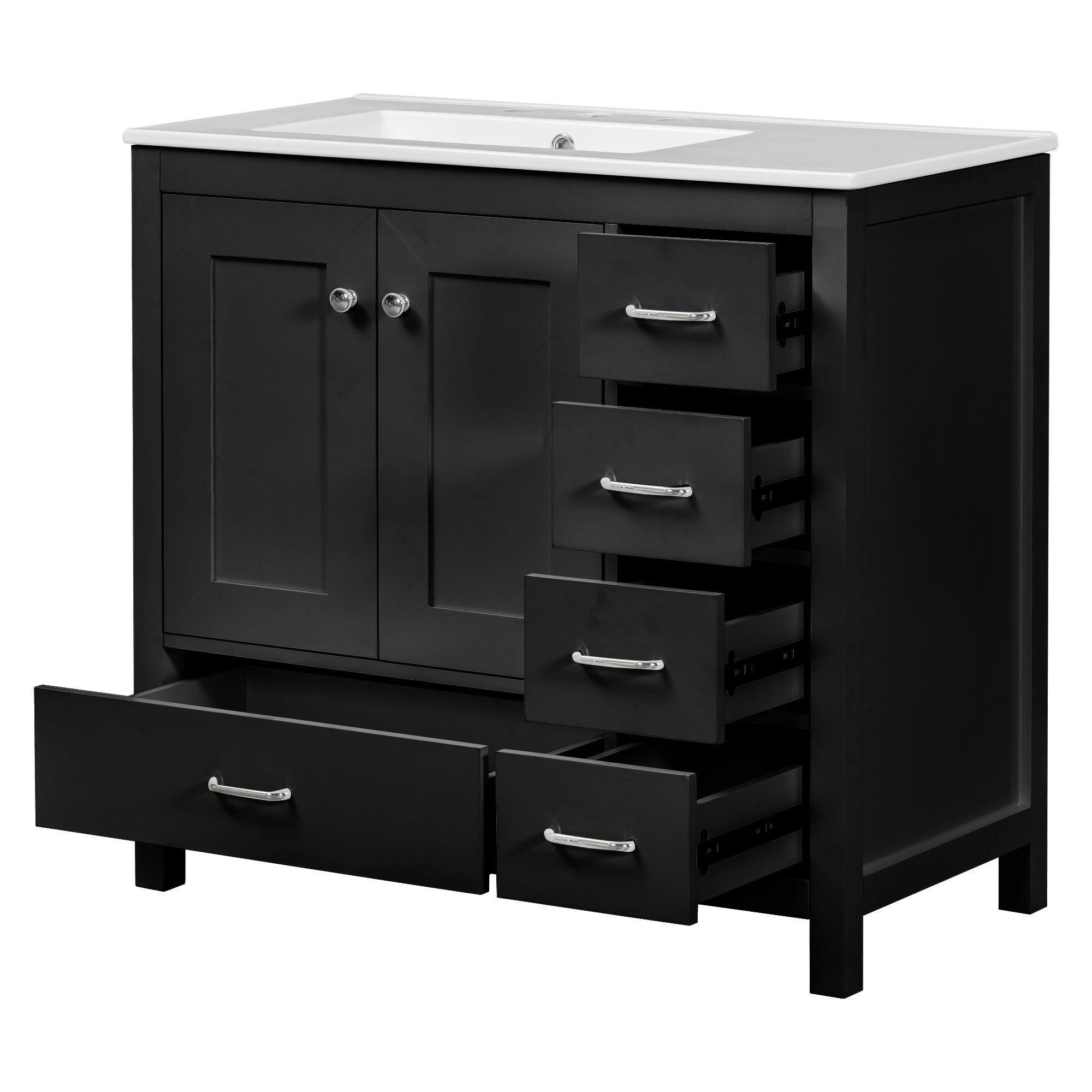 36" Black Bathroom Vanity with Ceramic Sink Combo, Abundant Storage Cabinet -2 Soft close doors and 5 drawers