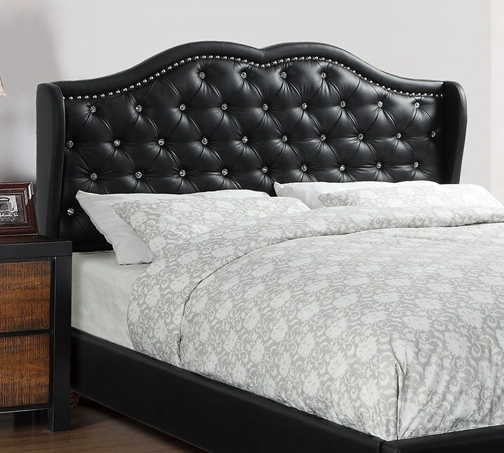 Queen Size Bed 1pc Bed Set Black Faux Leather Upholstered Wingback Design Bed Frame Headboard Bedroom Furniture Tufted Upholstered