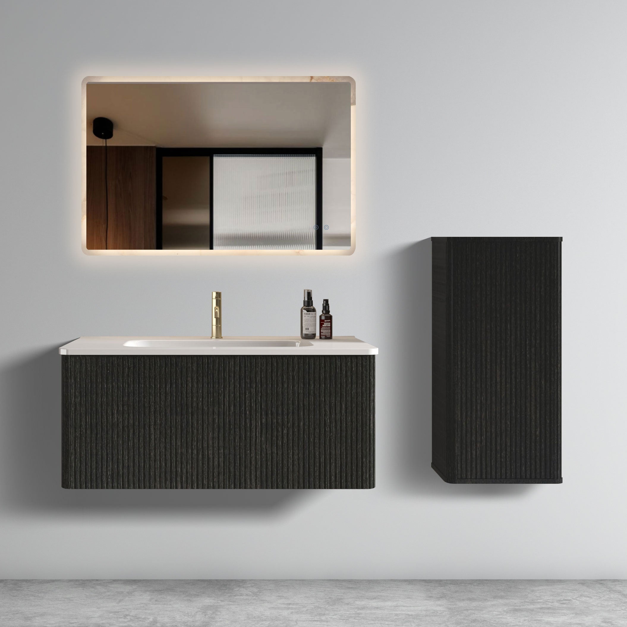 U058-Etna36W-308 Etna 36" Striped Brushed Black Oak Floating Bathroom Vanity with White Ceramic Sink, Bathroom Vanity for Modern Bathroom, Pre-assembled