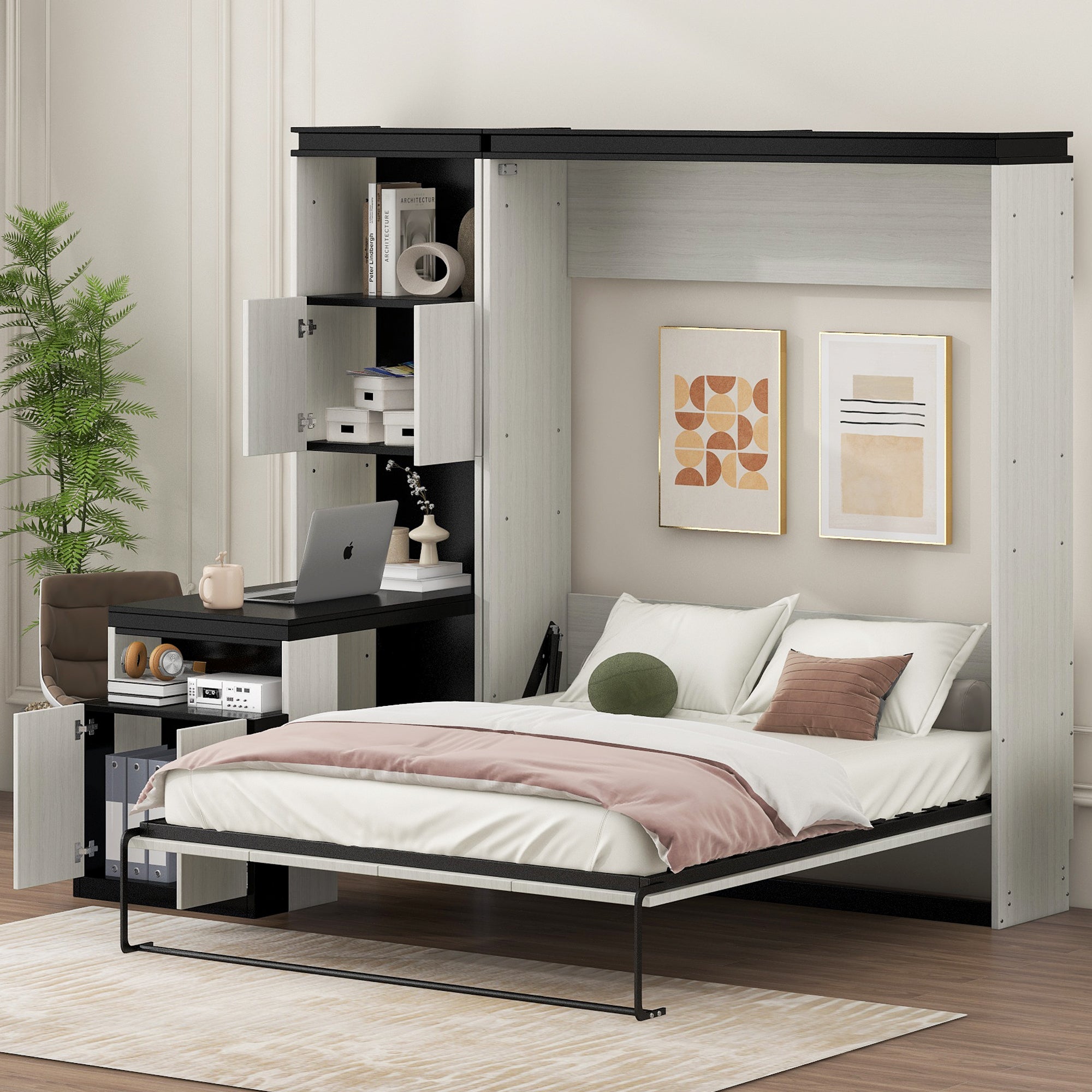 Full Size Murphy Bed with Desk and Storage Shelves and  Cabinets, Black+White