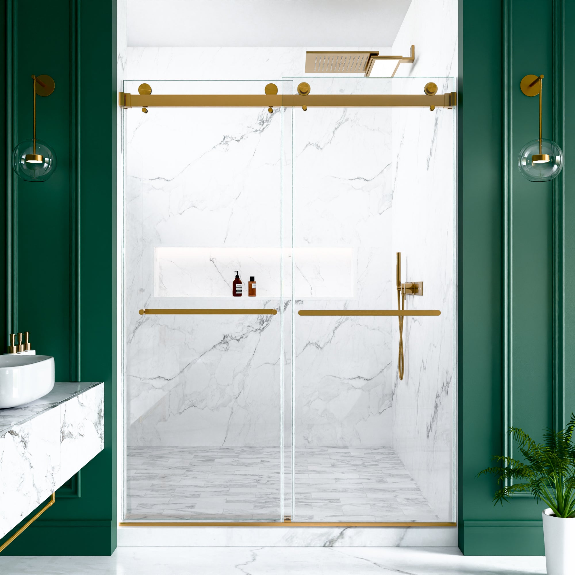 56-60 x 80 in Frameless Double Sliding Shower Door - 56-60 x 80 in / Brushed Gold view 4