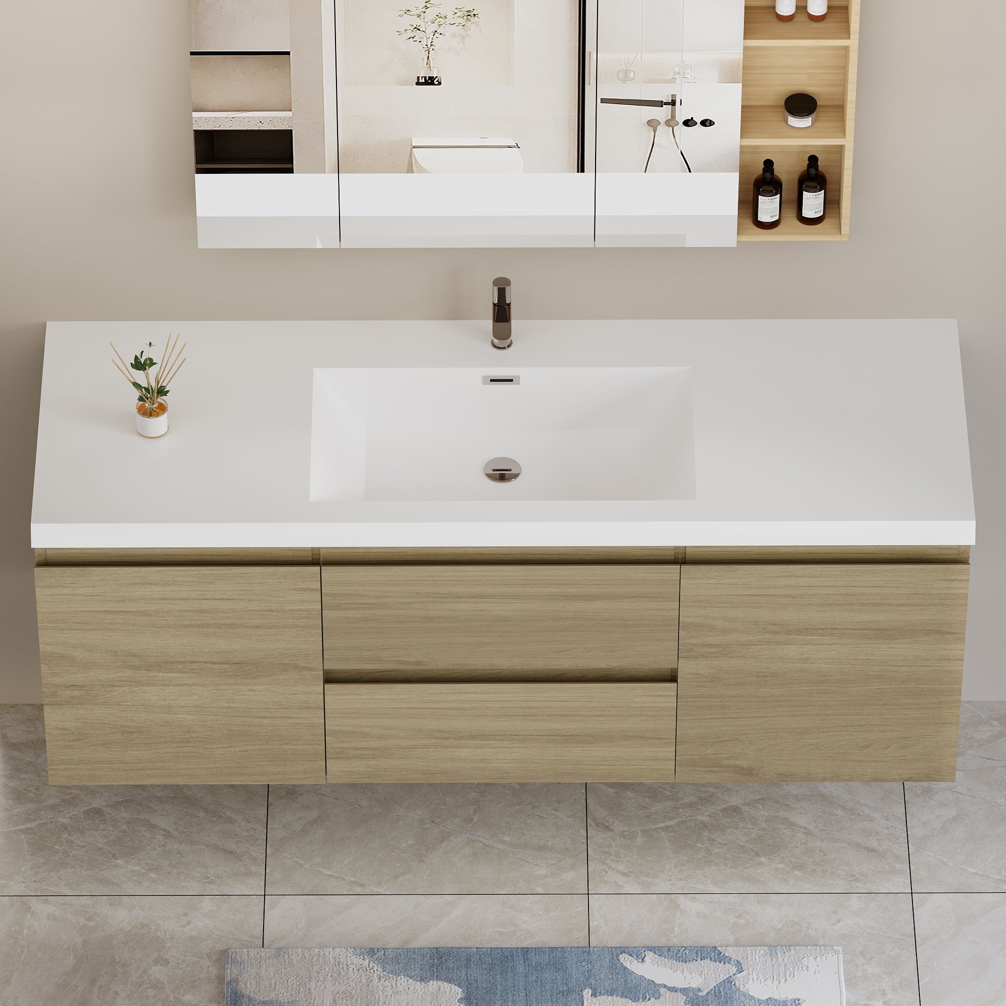 60" Floating Bathroom Vanity with Sink, Modern Wall-Mounted Bathroom Storage Vanity Cabinet with Resin Top Basin and Soft Close Drawers, Natural Oak 24V11-60SNO