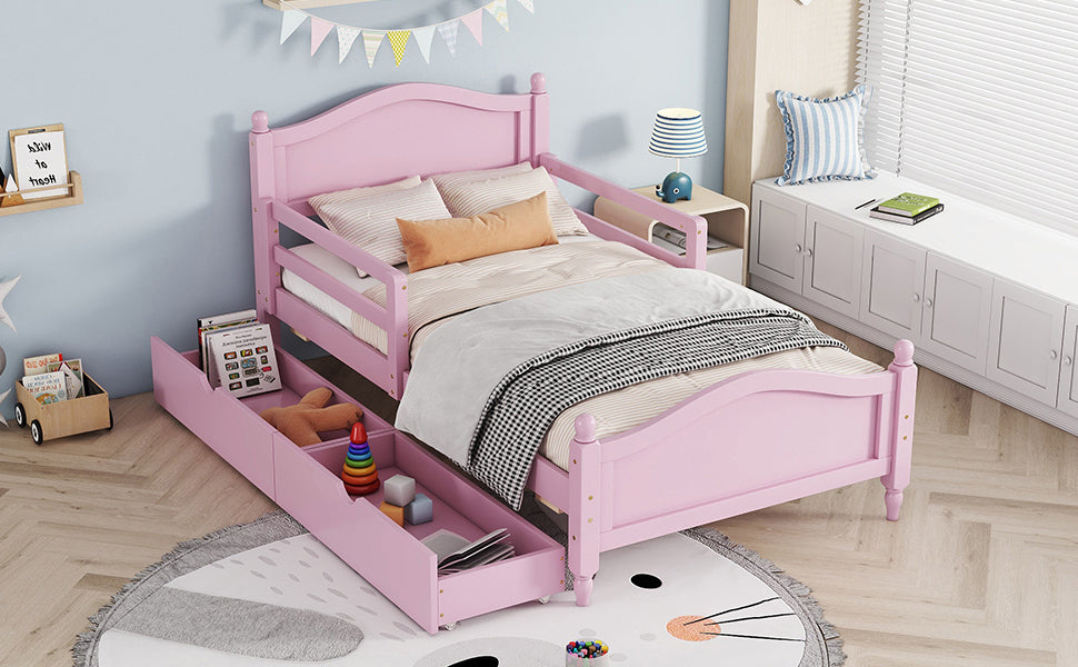 Twin Size Wood Platform Bed with Guardrails on Both Sides and Two Storage Drawers ,Pink