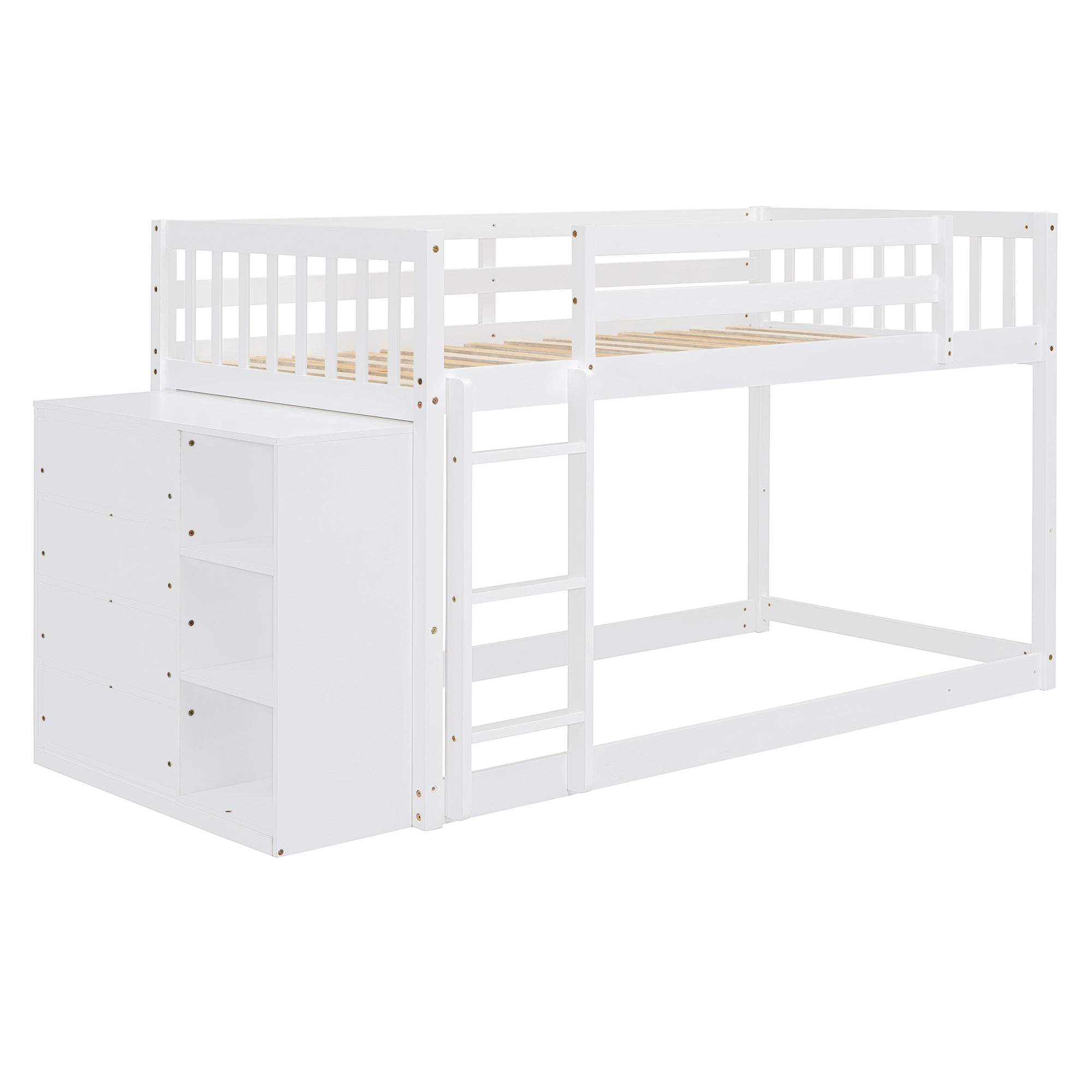 Twin over Twin Bunk Bed with 4 Drawers and 3 Shelves-White