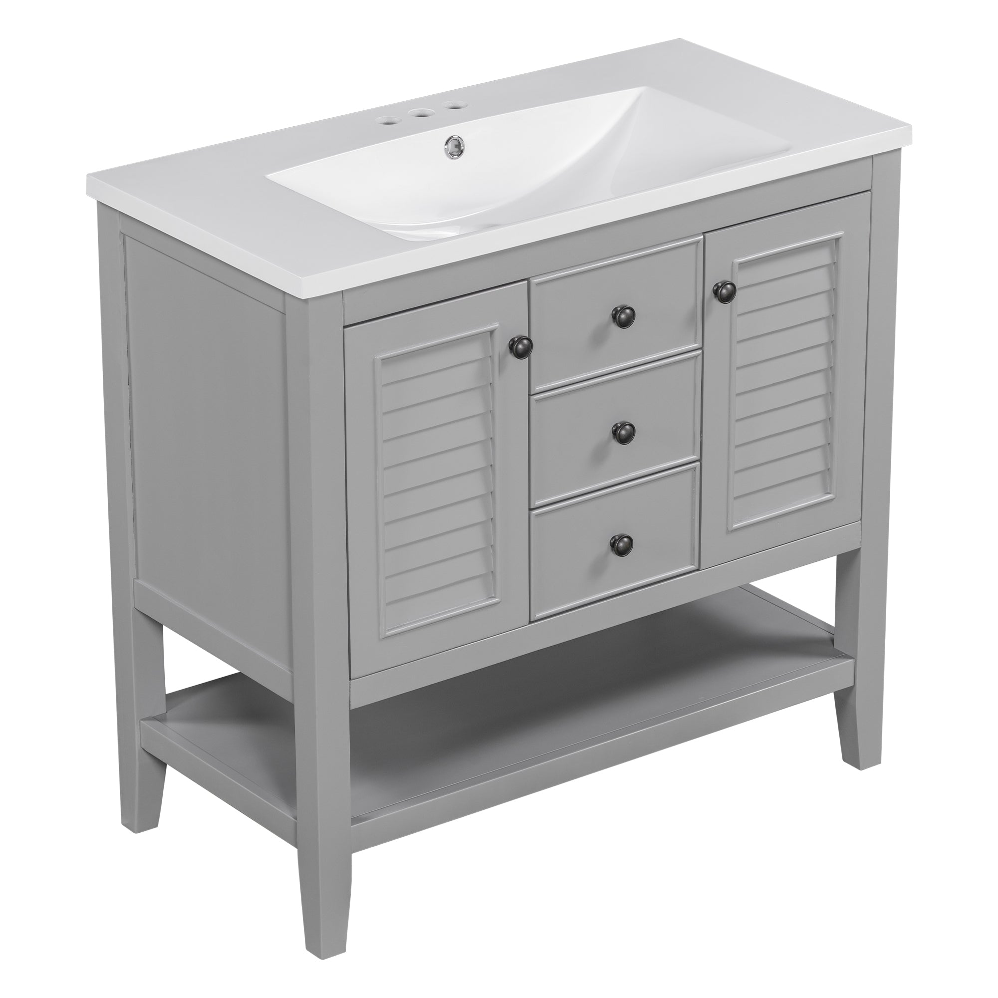 36" Bathroom Vanity with Ceramic Basin, Two Cabinets and Drawers, Open Shelf, Solid Wood Frame, Grey (OLD SKU: SY999101AAE)