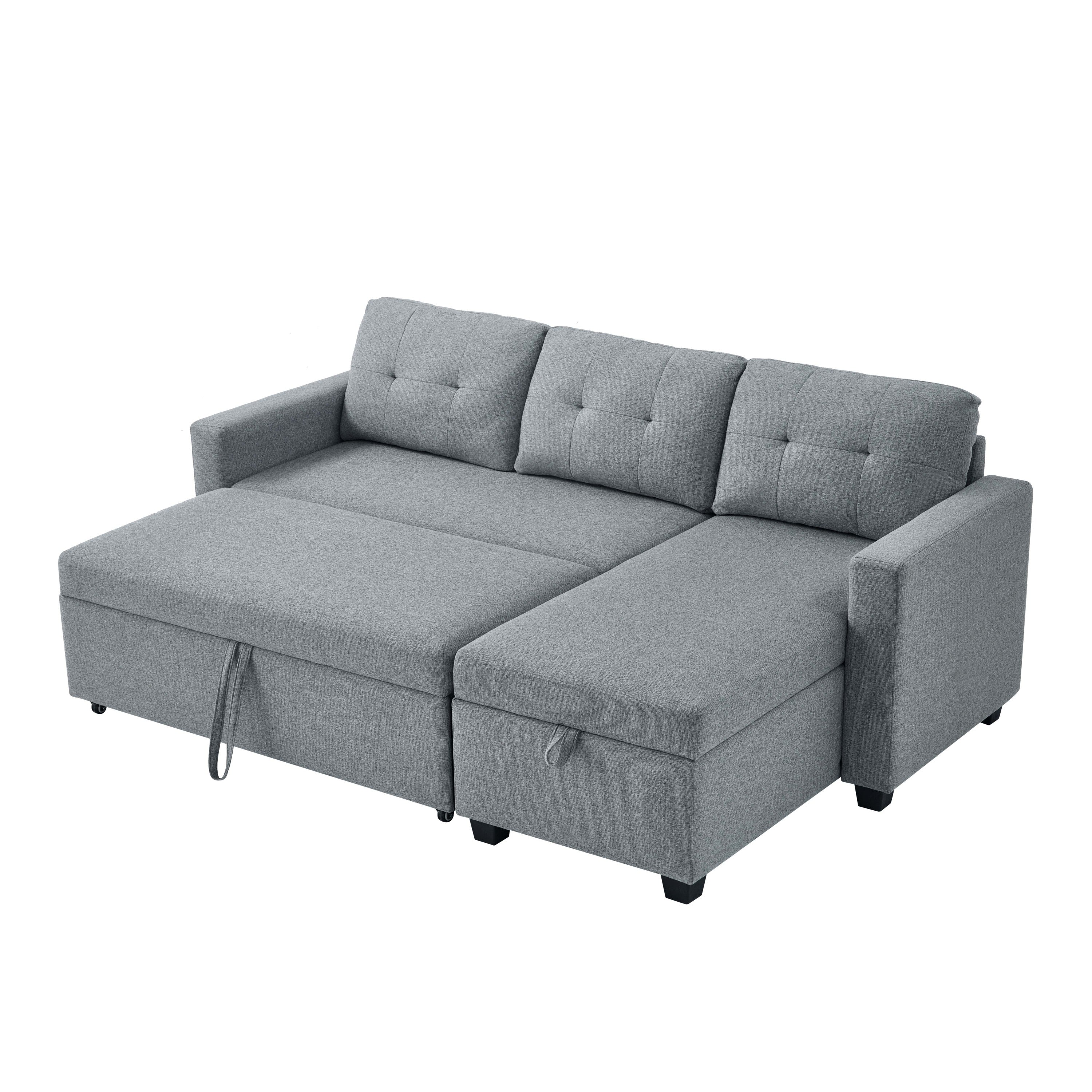 Upholstered Pull Out Sectional Sofa with Storage Chaise, Convertible Corner Couch, Light Grey