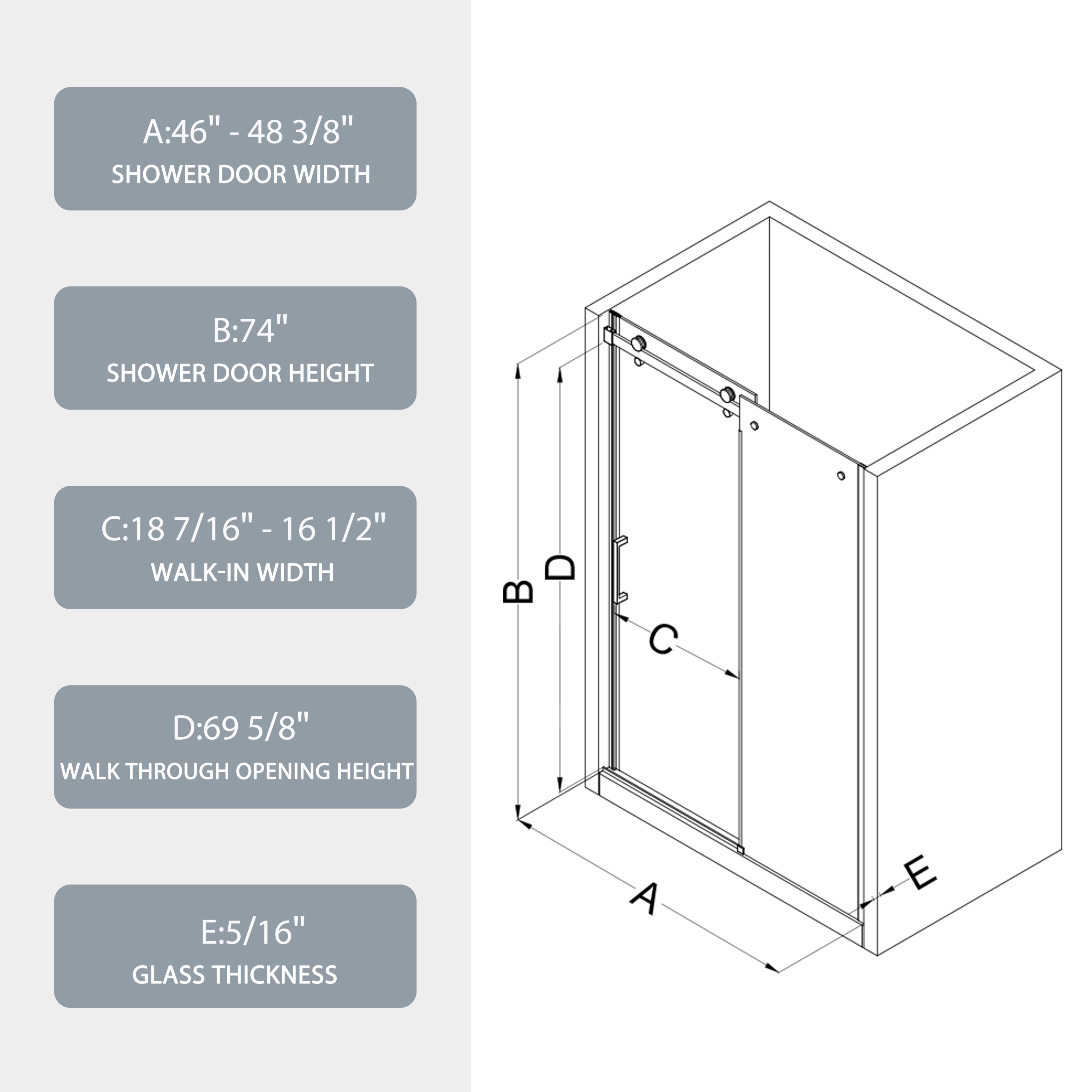 Glass shower door, sliding door,46-48"W x 74"H  with 5/16" tempered glass and Matted Black finish 4874