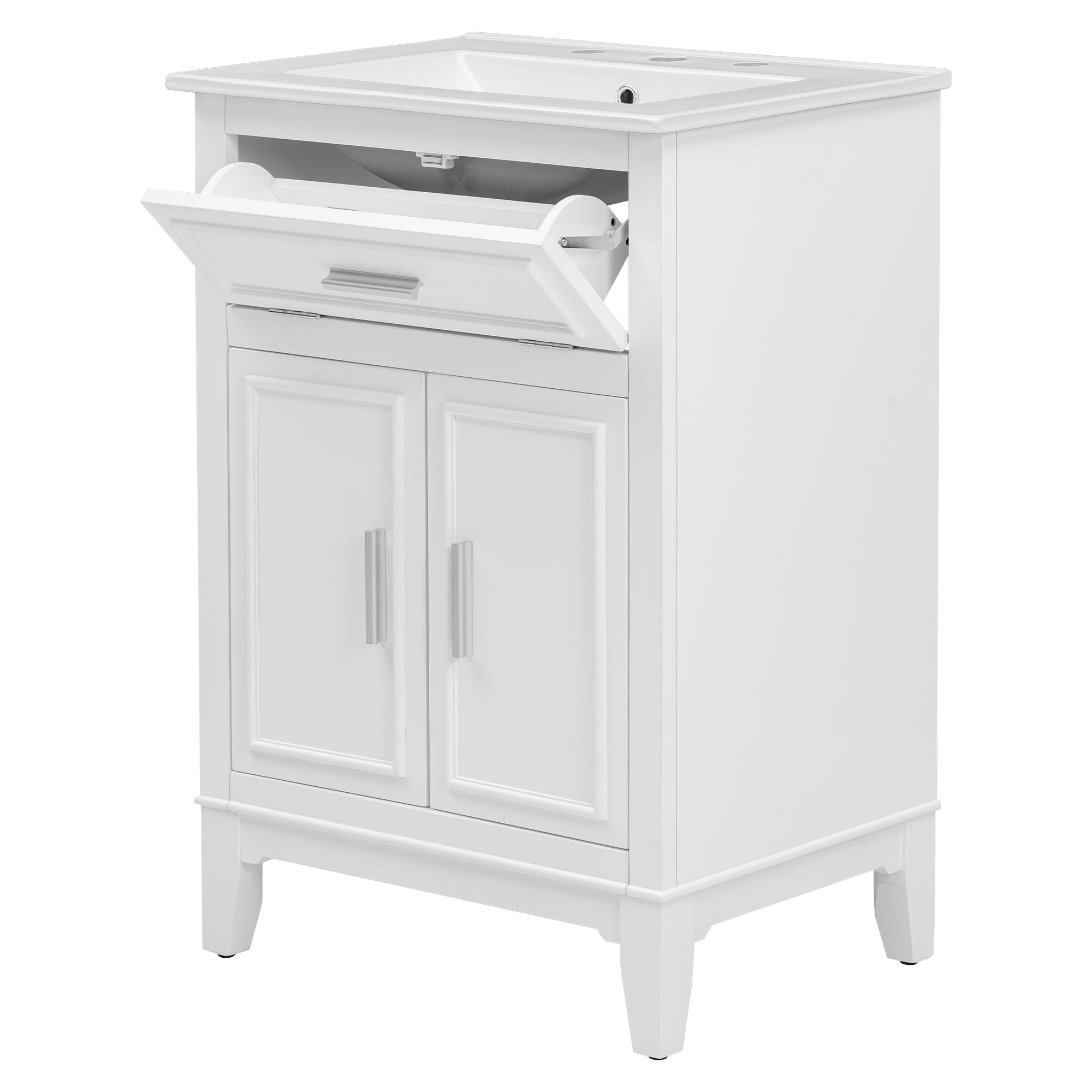 24" Bathroom Vanity with Sink, Bathroom Vanity Cabinet with One Flip Drawer and Doors, Solid Wood and MDF, White