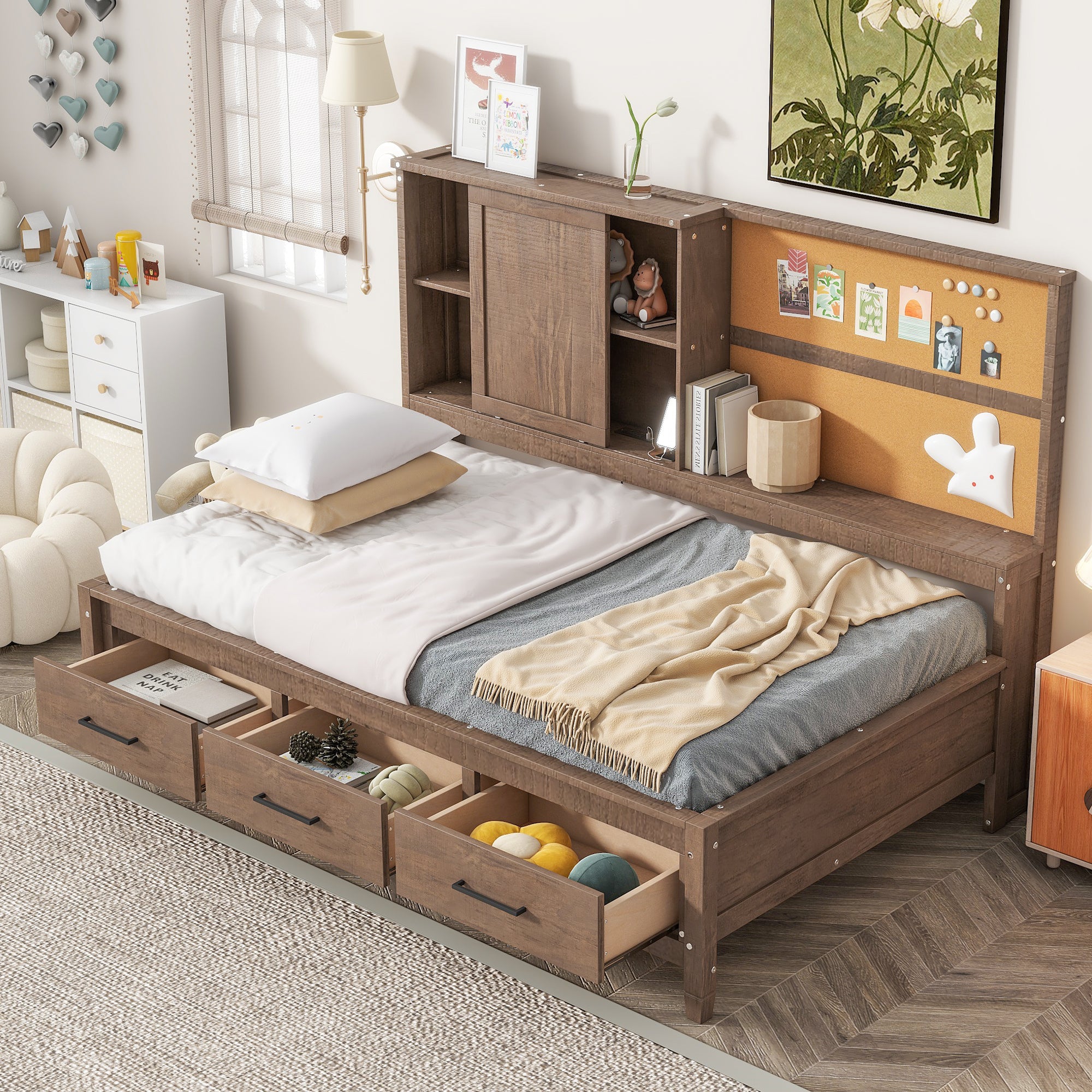 Twin Size Lounge Daybed with Storage Shelves, Cork Board, USB Ports and 3 Drawers, Antique Wood Color