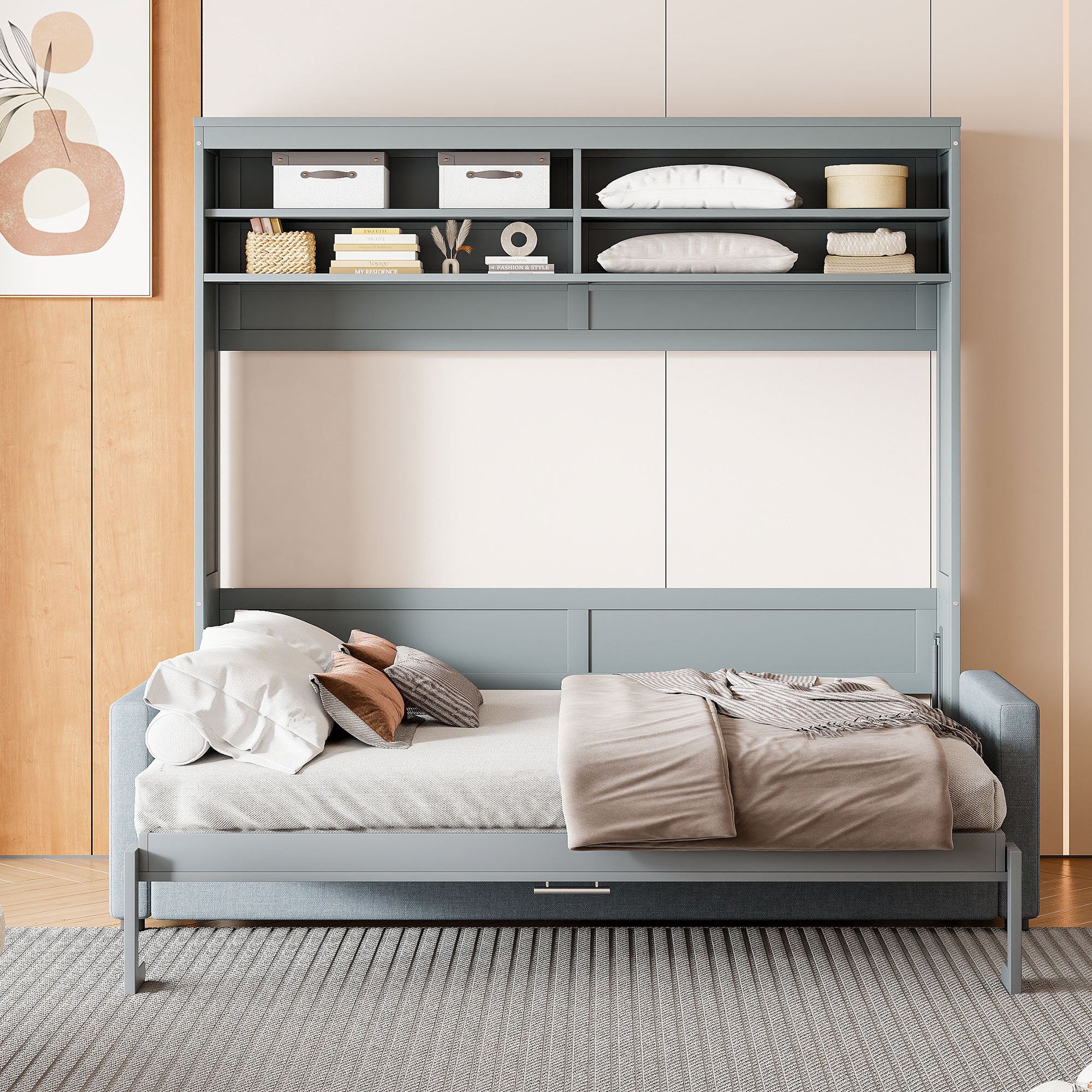 Queen Size Murphy Bed Wall Bed with Sofa,Gray