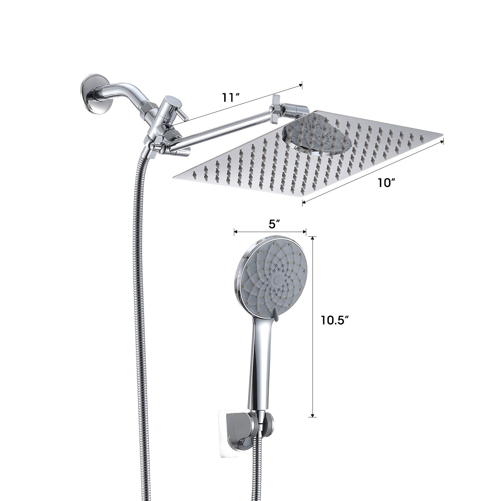 Chrome Shower Head, 10 Inch High Pressure Rainfall Shower Head/Handheld Shower Combo with 11 Inch Extension Arm, 6 Settings Adjustable Anti-leak Shower Head with Holder/Hose, Height/Angle Adjustable