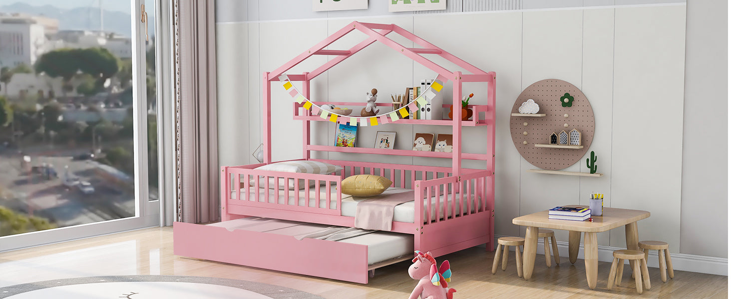 Wooden Twin Size House Bed with Trundle,Kids Bed with Shelf, Pink