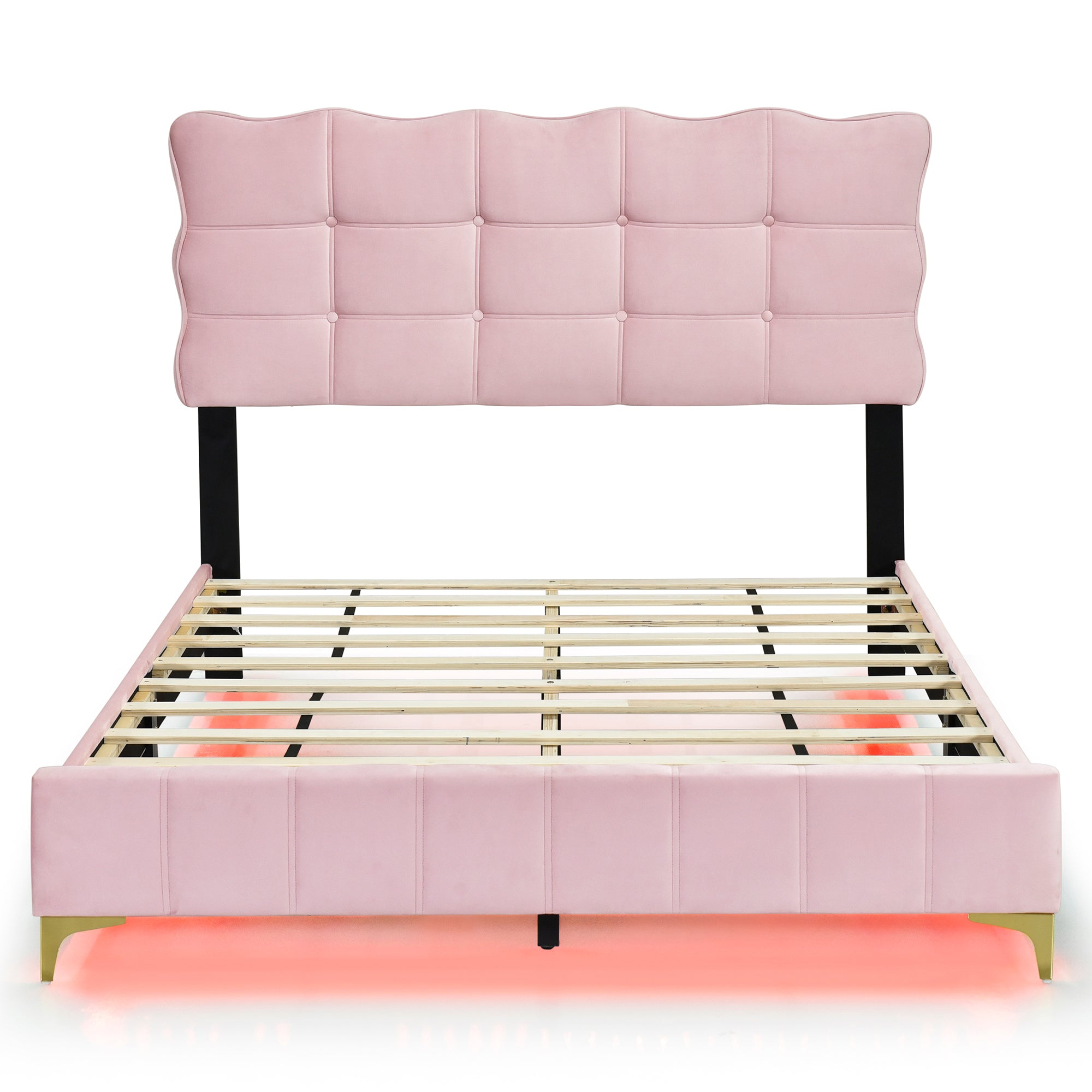 Full Size Velvet Platform Bed with LED Frame and Stylish Mental Bed Legs, Pink